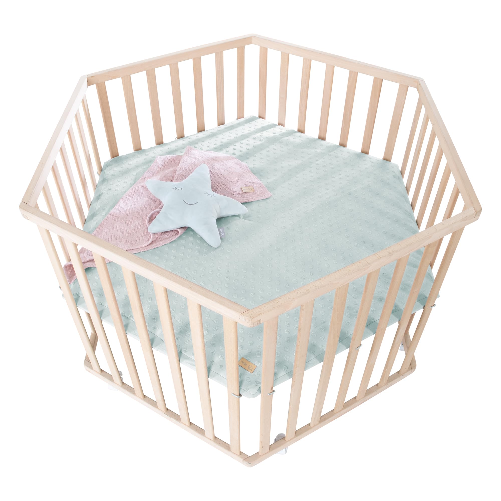 roba parc hexagonal + tapis de protection 'Lil Planet frosty green' – parc de jeu hexagonal en bois de hêtre bio – réglable en hauteur sur 3 niveaux – bois massif