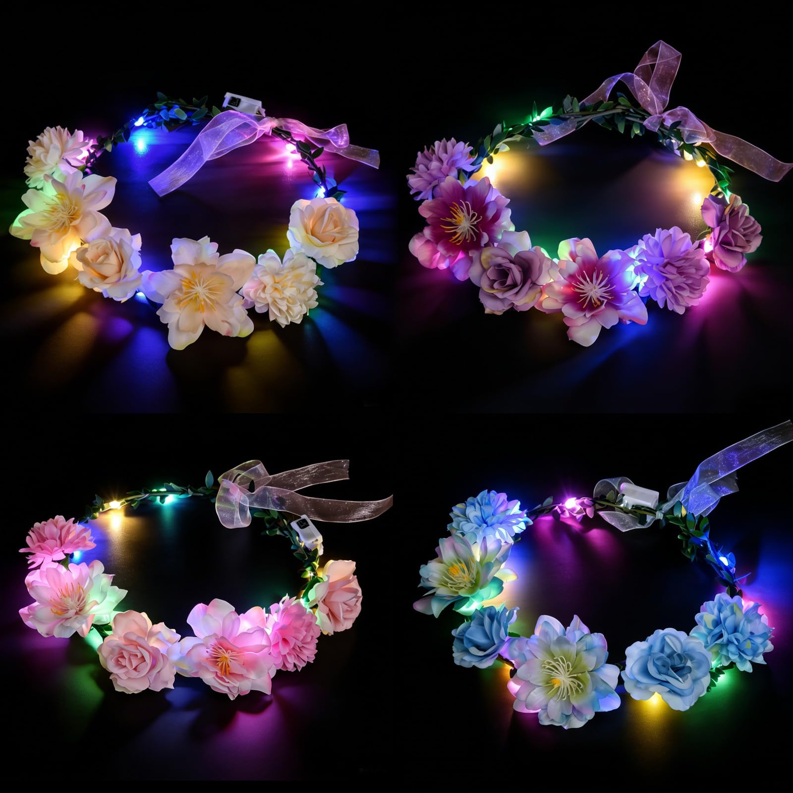 Richaa 4 Stück Blumenkranz Haare Led, Led Haarschmuck Farblicht