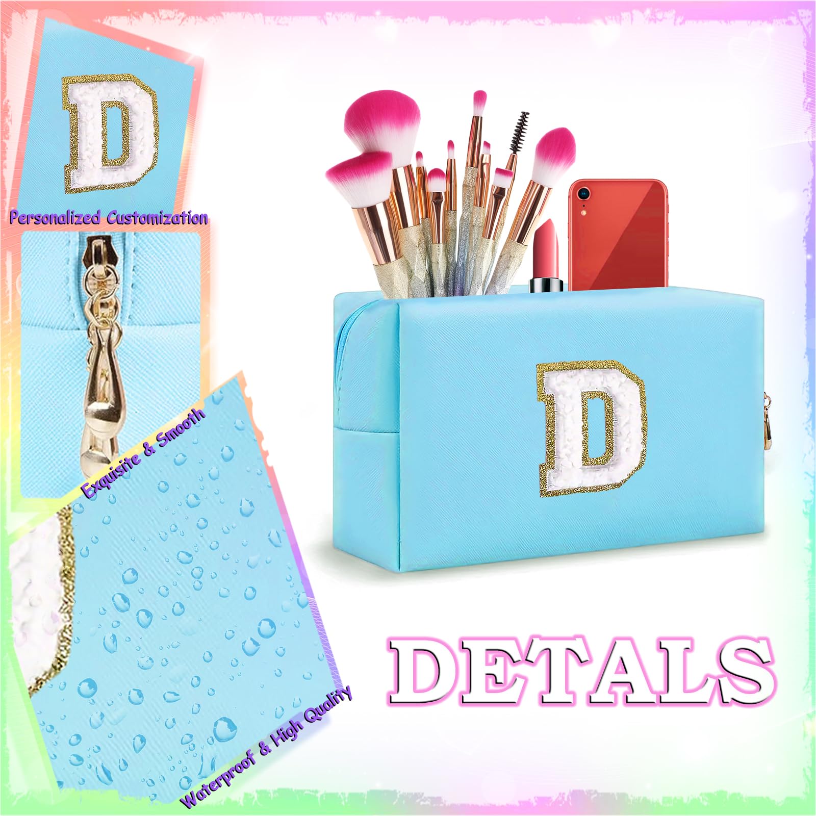 Small Personalized Initial Letter Makeup Bag, Cute Waterproof PU Leather Chenille Letter Cosmetic Bag Travel Makeup Bag, Preppy Makeup Pouch Toiletry Zipper Pouch Organizer for Women and Girls — view 2
