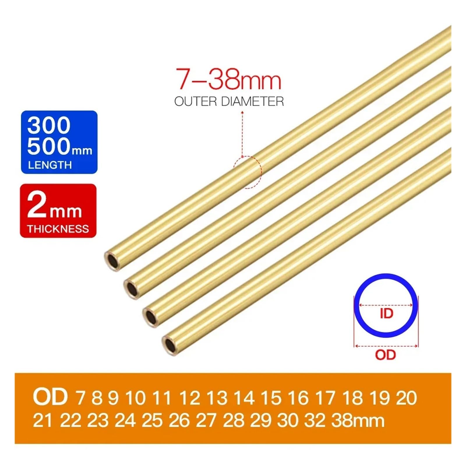 1Pc Tubo di Rame In Ottone 2mm Spessore Della Parete Del 300/500mm Lunghezza Dritto Diametro Esterno Modellazione Asta taglio FAI DA TE