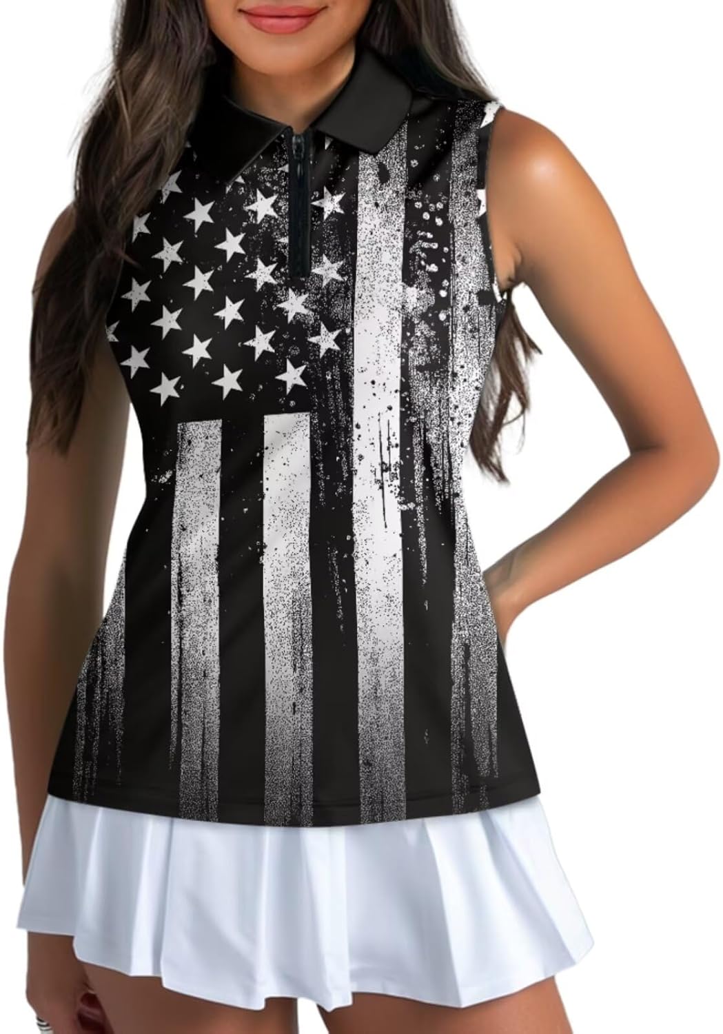 ZOUTAIRONG Womens Sleeveless Golf Shirt and Sun Visor Hat Quick Dry Tennis Shirts Athletic Tank Tops, American Flag