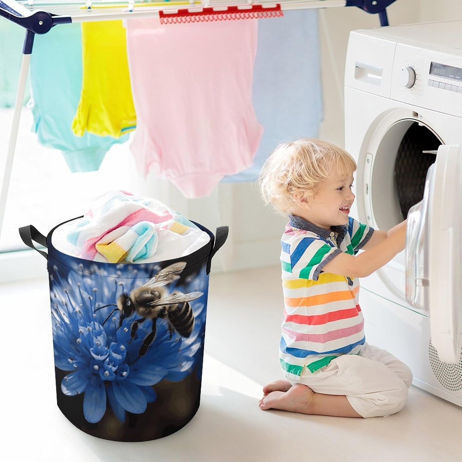 Blue Flower Bee Laundry Basket Collapsible Clothes Hamper with Reinforced Handles Large Capacity Waterproof Laundry Bag Freestanding Laundry Hamper for Bedroom Bathroom