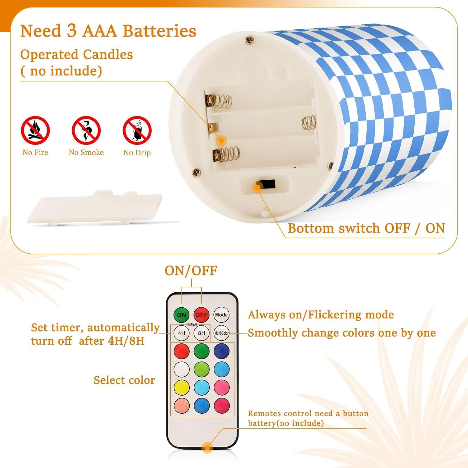 Light Blue White Checkered Flickering Flameless Candles LED Battery Operated with Remote Timer Pillar Candles for Home Birthday Wedding Christmas Decor, Set of 2