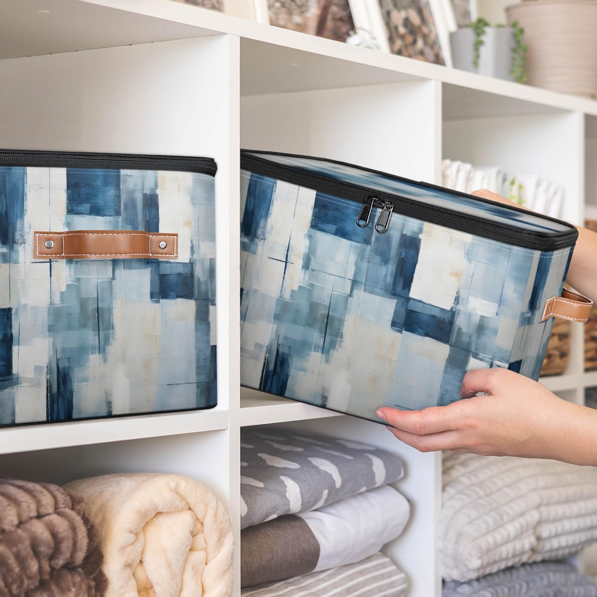 Storage Bin Set of 2 Watercolor Abstract Art Storage Basket with Zipper Lid & Handle Foldable Closet Shelf 2 Pack Cloth Organizer Basket Cube Bins Clothes Organizer for Bedroom, Nursery