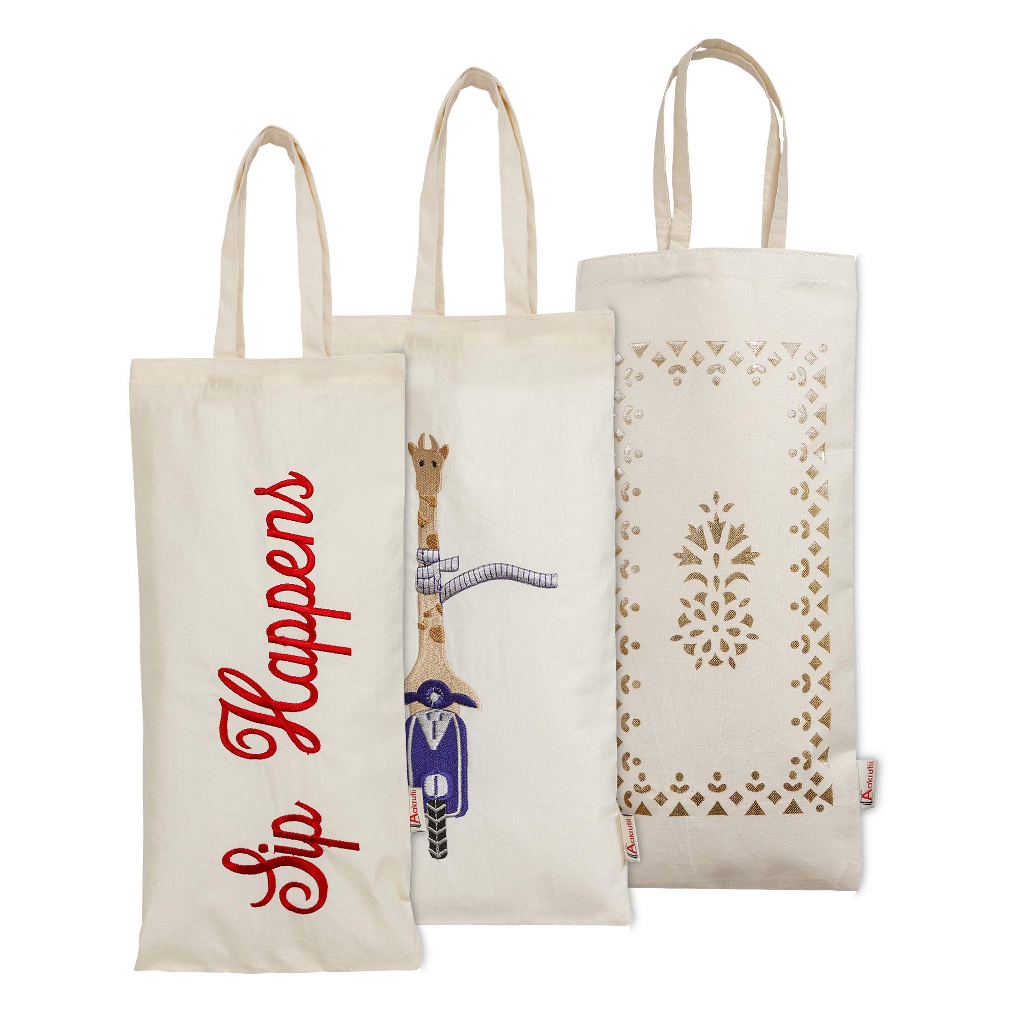 Aakrutii Reusable 100% Cotton EcoFriendly Water Bottle Carry Bags | Wine Holder Bag | Gift Bag (Cream) Pack of 3