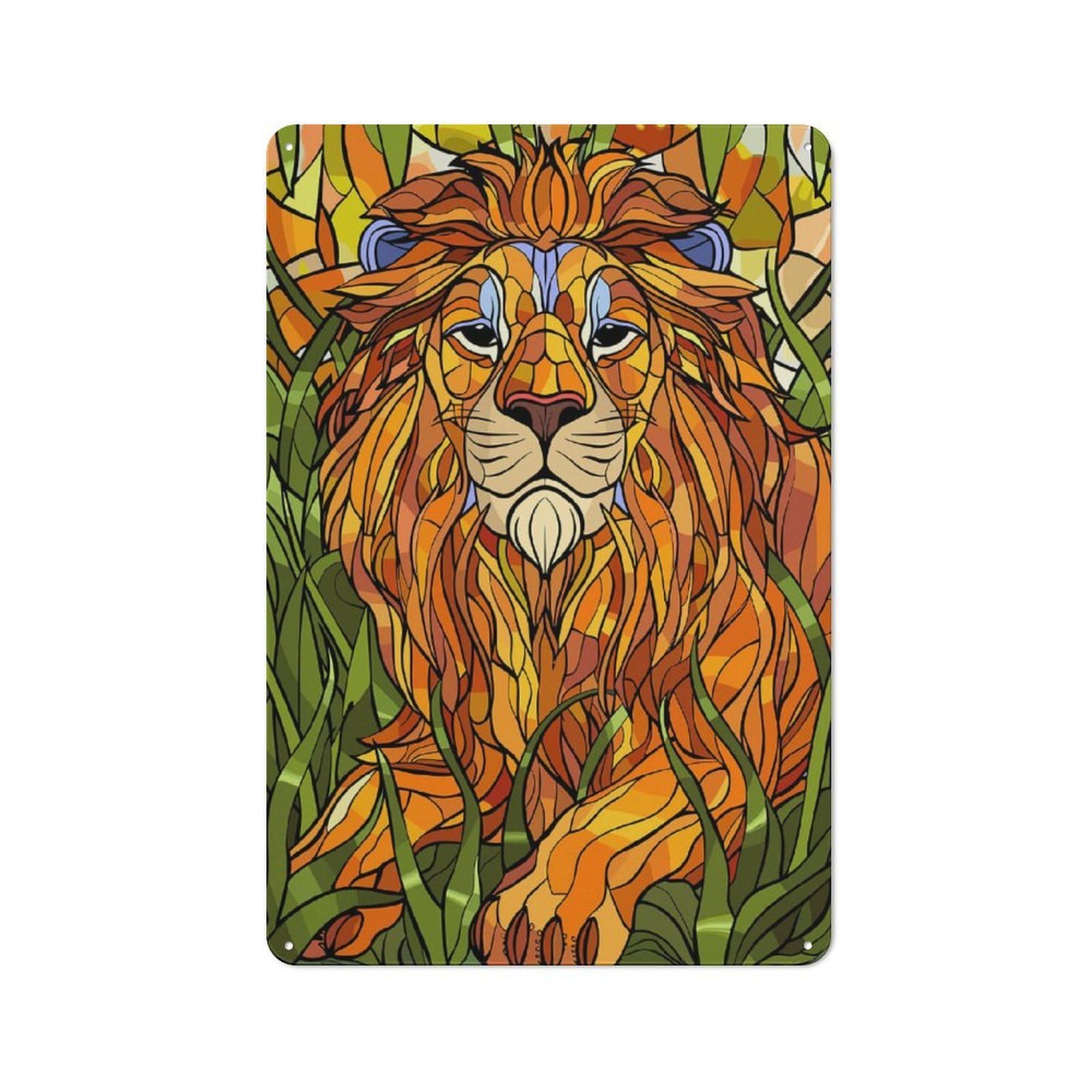 Junmoney Style-18 Retro Stained Glass Lion In Tall Grass Vintage Metal Sign 30X20cm, Room Wall Plaque For Flat, Dorm Room, Lounge Or Cafe