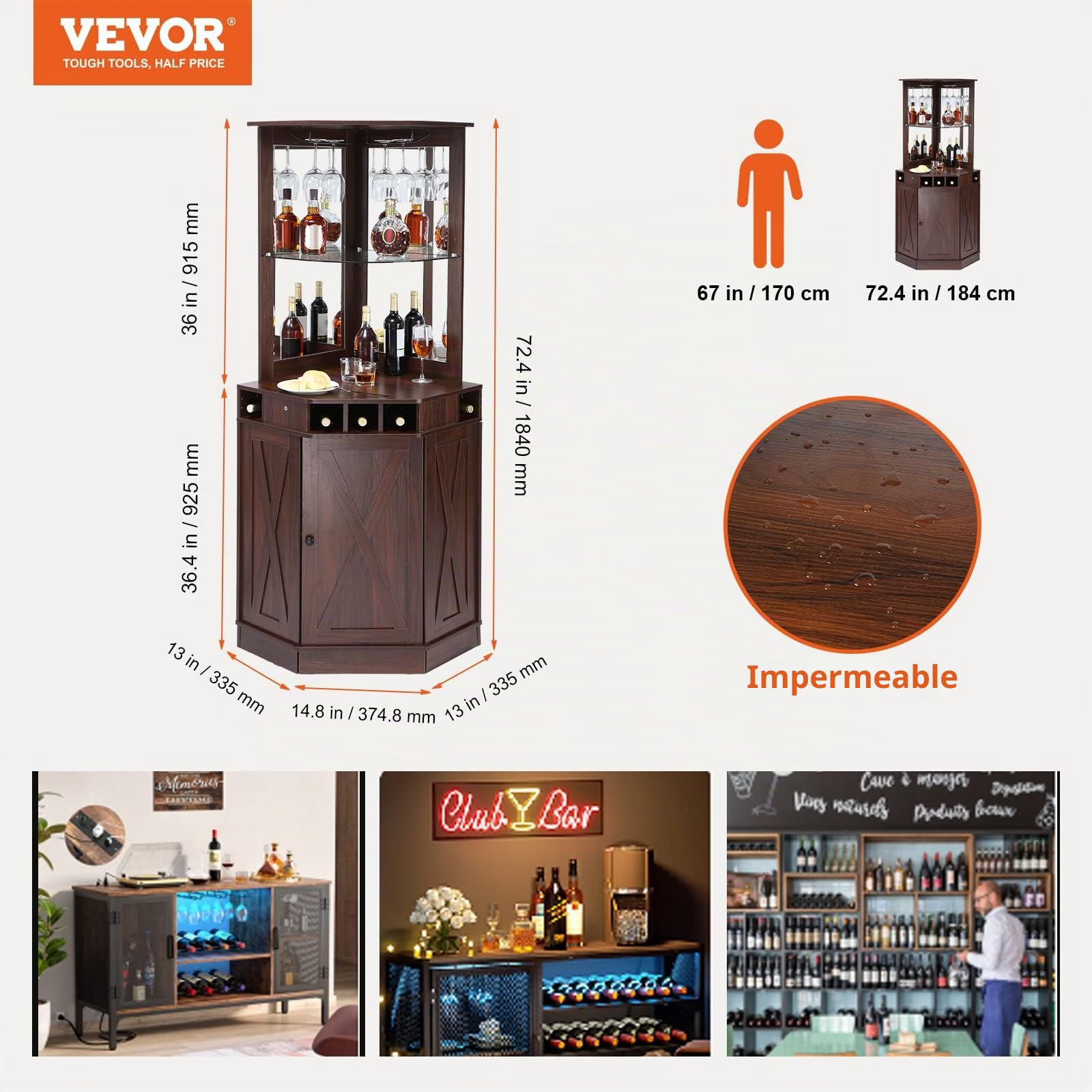 VEVOR Mueble de bar esquinero industrial, muebles de bar para licores y copas, aparador con soportes de vidrio, estante de exhibición de vino de madera independiente grande para sala de estar, hogar