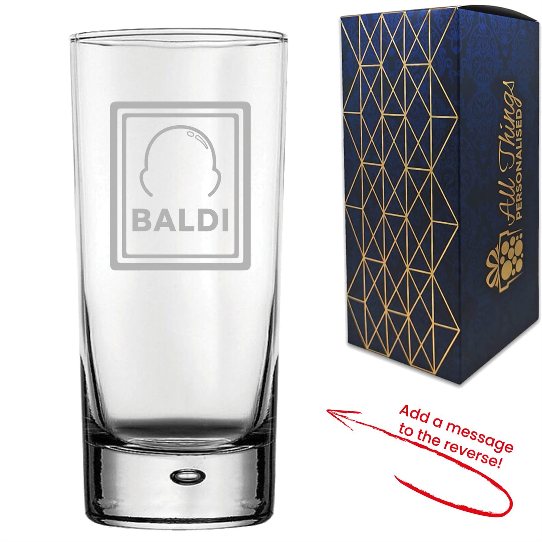 Vaso de cristal con diseño baldi, personalizable y grabado, añade un mensaje personalizado al reverso, caja de regalo incluida, grabado con láser, regalo para papá, abuelo, colega, jubilación