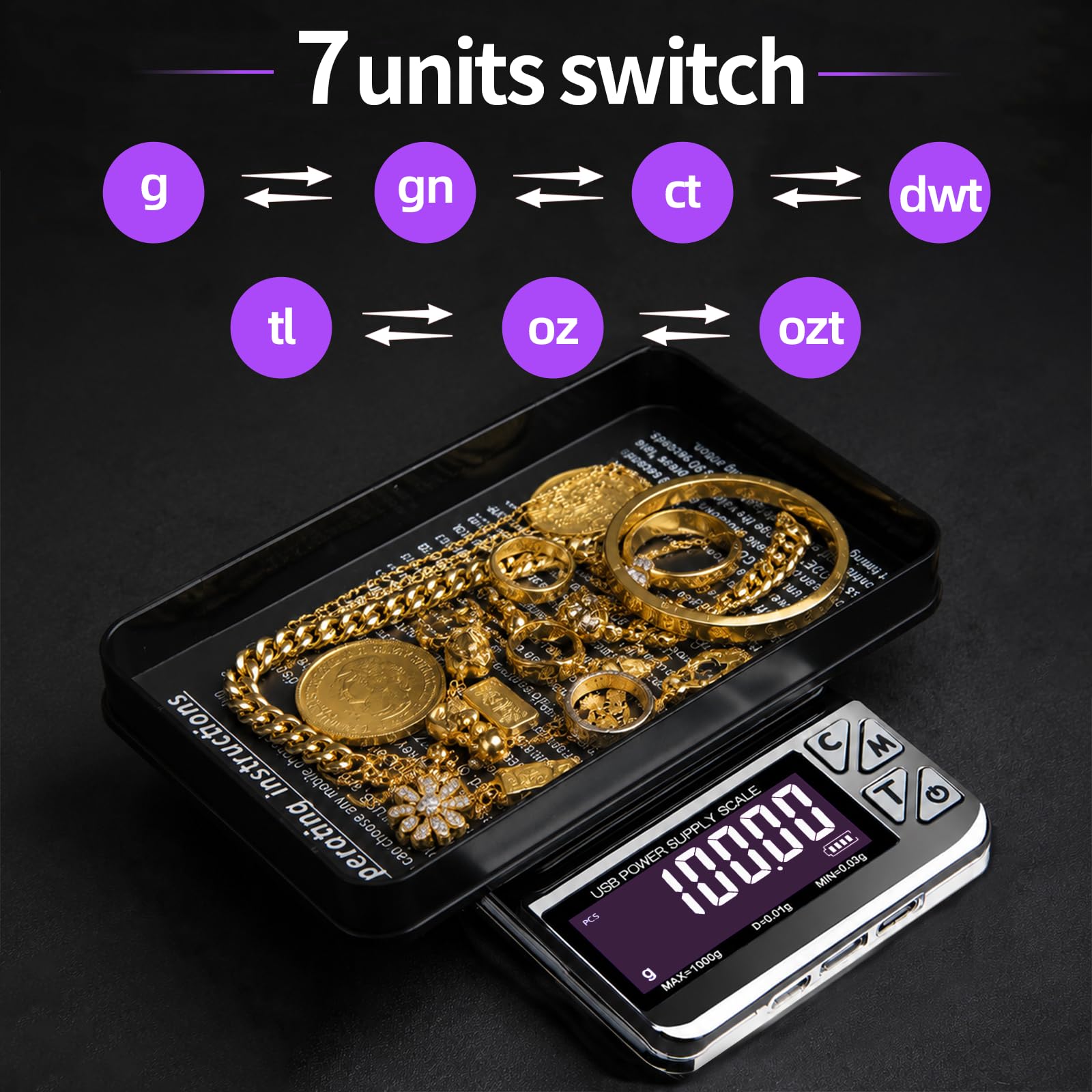 Báscula de monedas, báscula de joyería de 1000 g x 0,01 g con 7 unidades y 3 interfaces de carga, báscula digital portátil de bolsillo para coleccionistas de monedas, joyeros, oro, dólar plateado