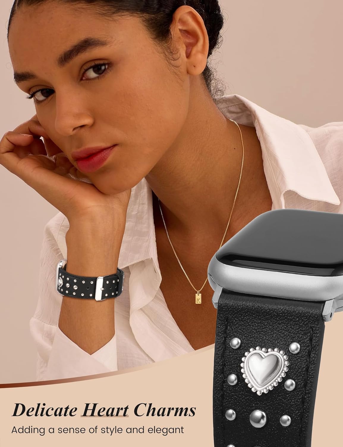 Wearlizer Leather Band Compatible with Apple Watch Bands Women 42/46/38/40/41/44/45/49mm, Dressy Fancy Designer Pretty Heart Charms Studded Strap for iWatch Series 11 10 9 8 7 6 5 4 SE/Ultra 3 2 1