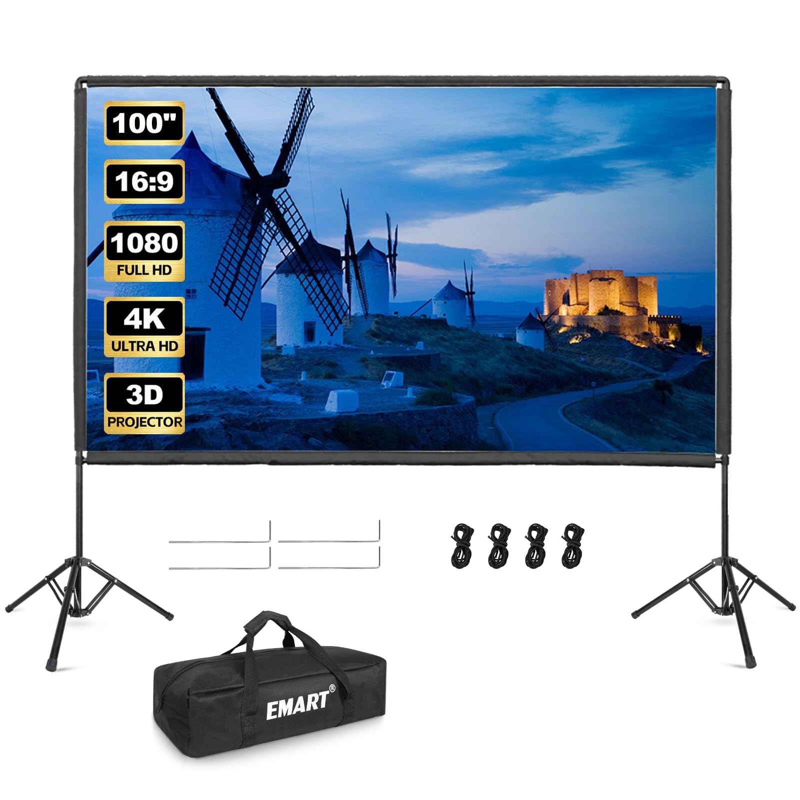 EMART Ekran projekcyjny z obsługą 100 cali, ekran projektora | Przenośny 16:9 4K, przód i tył HD, płótno projekcyjne stojące, kino domowe, biuro