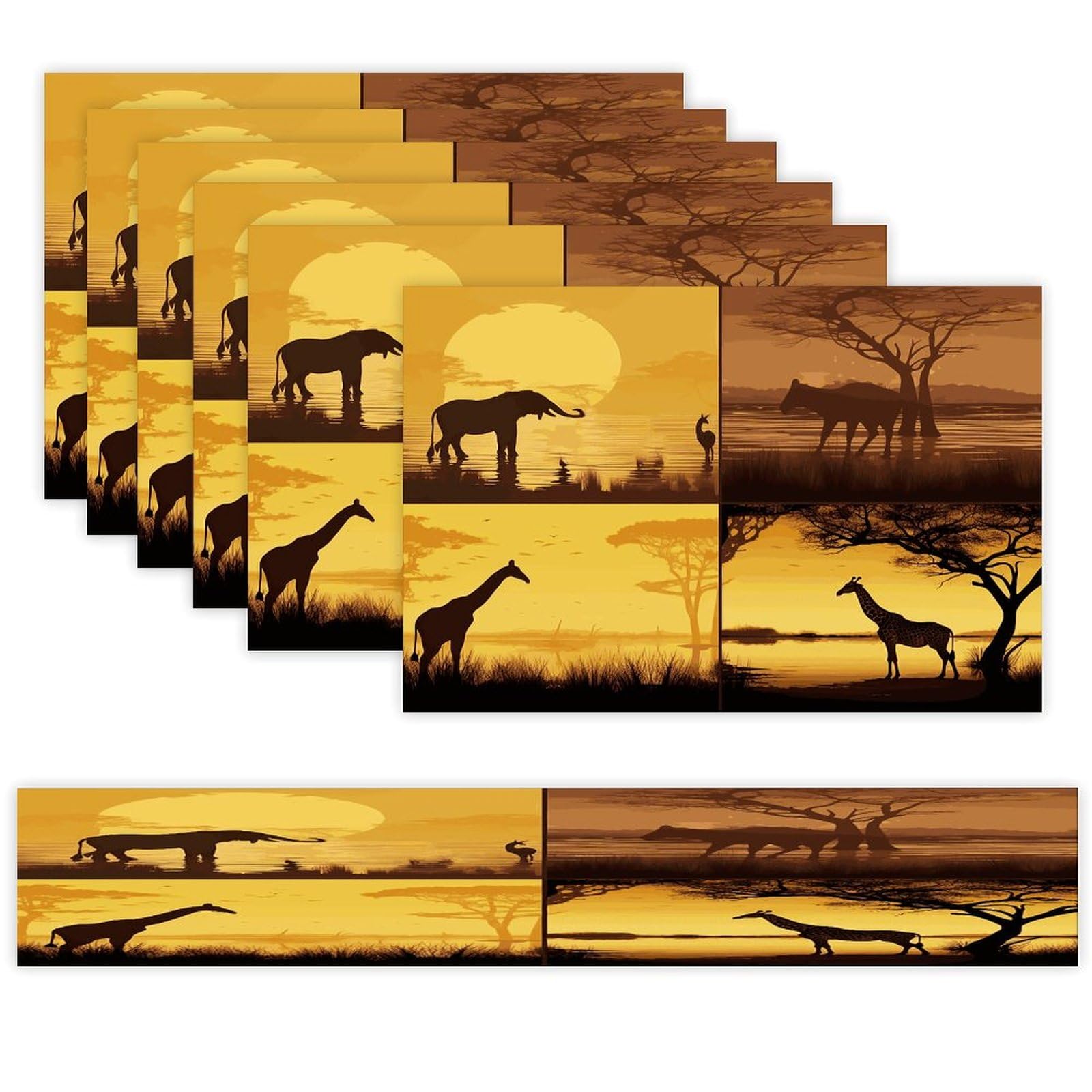 African Grassland Animals Table Runner and Placemats Set of 6 Wipe Clean Heat Resistant Table Mat with Table Runner Decorations Flax Linen Place Mat Set for Home Kitchen Party Supplies