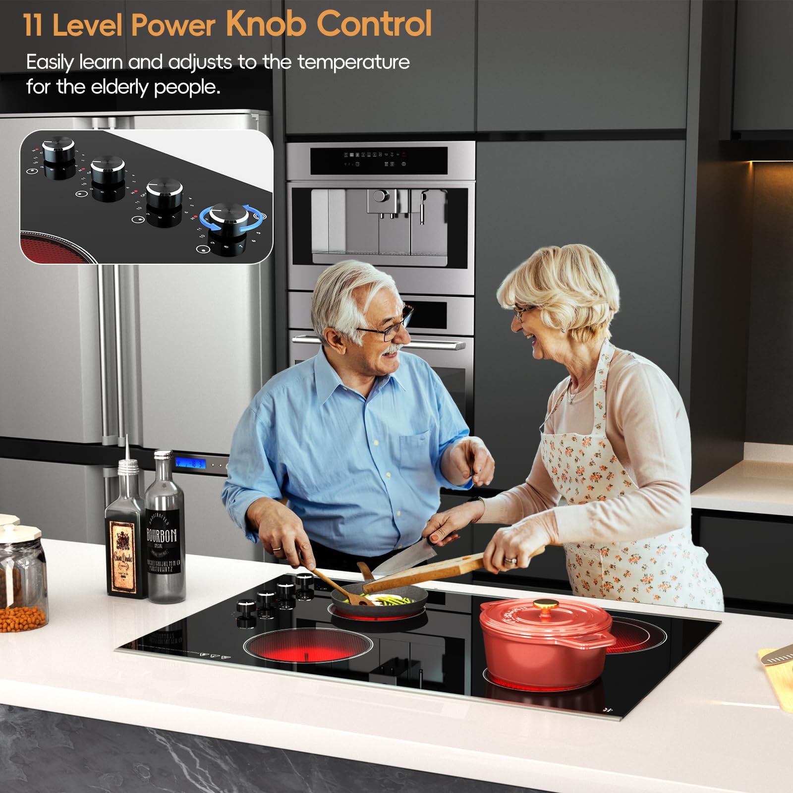 Estufa eléctrica de 30 pulgadas, 4 quemadores, 6700 W con control de perilla, estufa eléctrica eléctrica de cerámica con 11 niveles de potencia ajustable, 220-240 V, cable duro 6