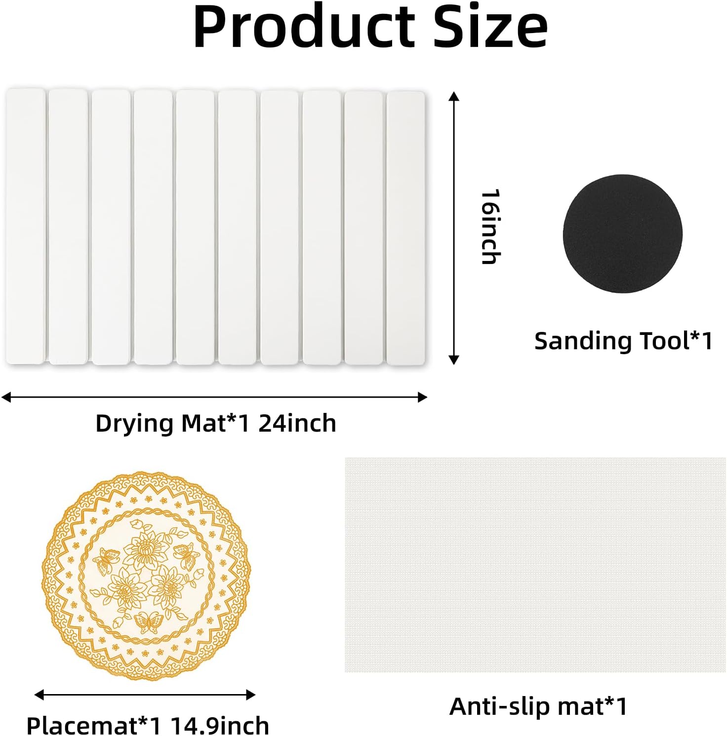 Stone Dish Drying Mat, 24"(L)×16"(W) - Fast-Drying, Collapsible Kitchen Counter Mat for Dishes, Cups & Bottles with Sanding Tool + Placemat, White