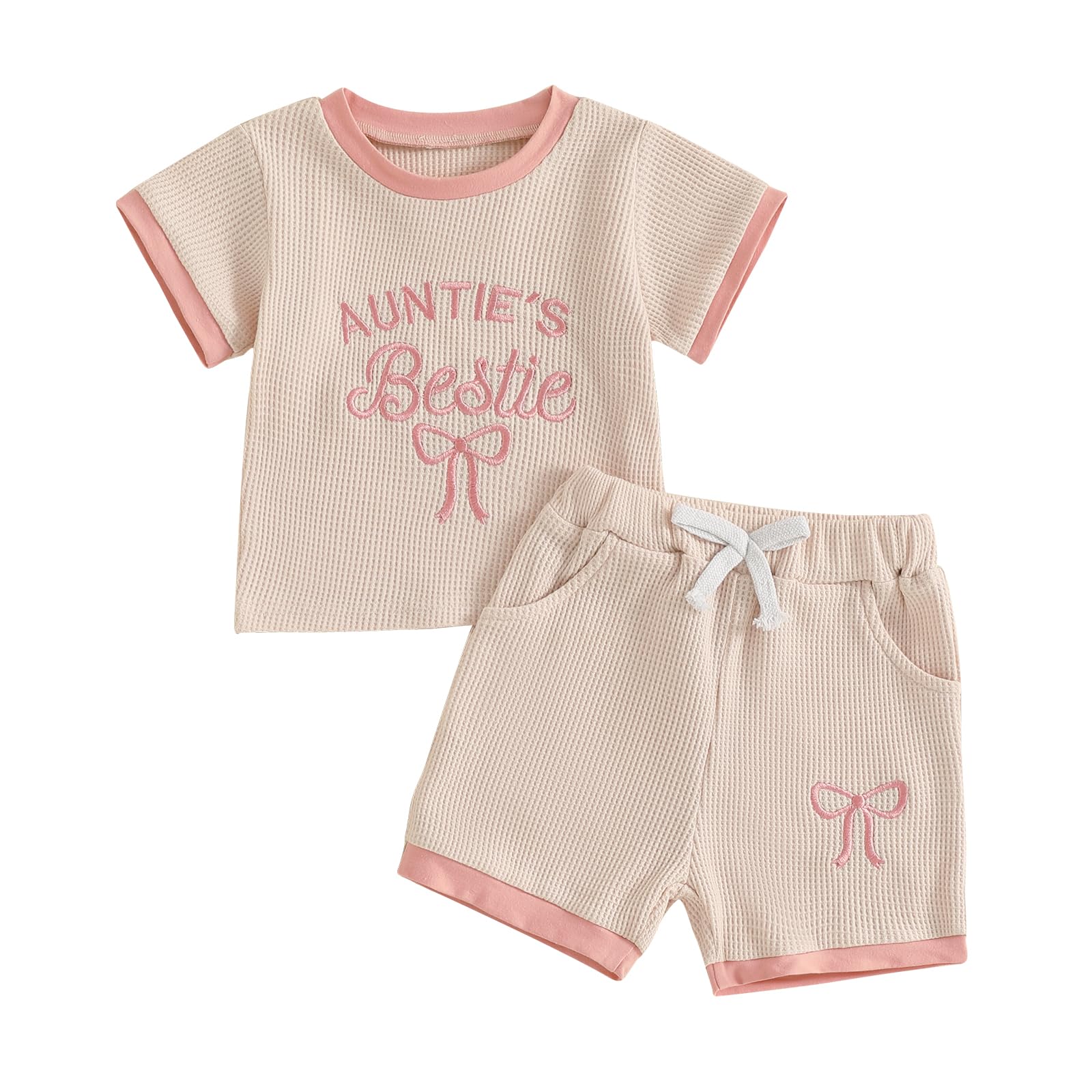 Lamuusaa Toddler Baby Girl Summer Clothes Aunties Bestie Letter Embroidery T-shirt Waffle Casual Shorts Set 3M-3T (Pink, 12-18 Months)