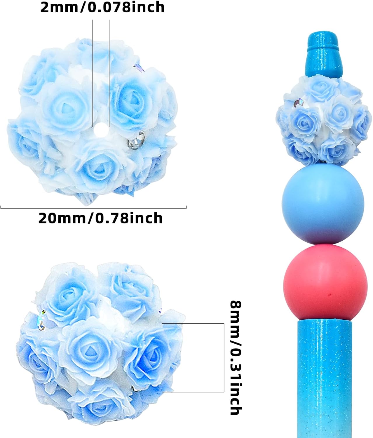 12Pcs 20mm Flower Ball Beads for Pens Colorful 3D Rose with Diamond Beads Polymer Clay Flower Spacer Craft Bead for DIY Craft Beadable Pens Bracelet Necklace Earrings Keychain Jewelry Making - Image 2