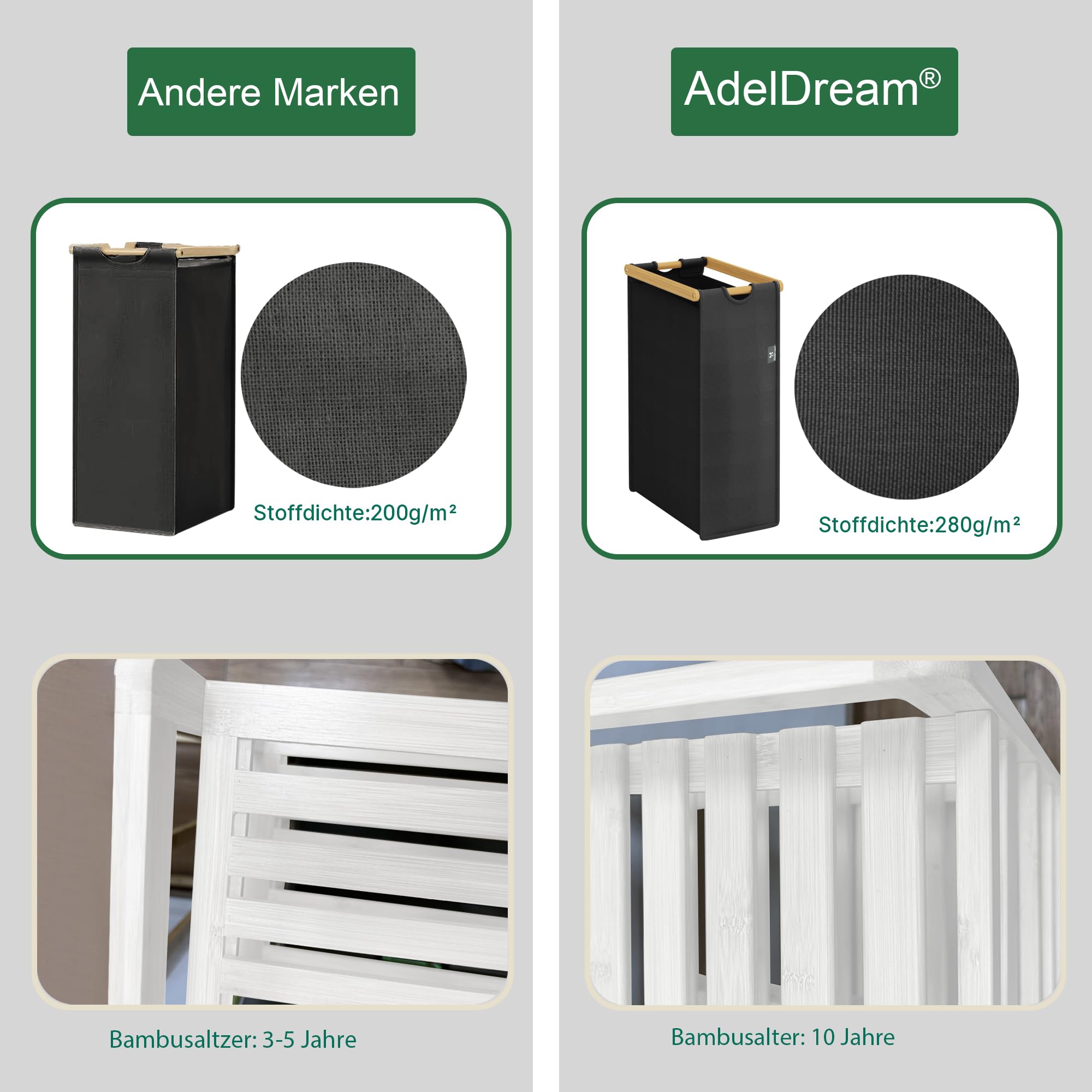 AdelDream - Cesto para la colada (200 L, 4 compartimentos, 2 estantes, bambú) | Clasificador de ropa sucia de 4 x 50 L, extensible, extraíble, doble estante, color blanco y negro