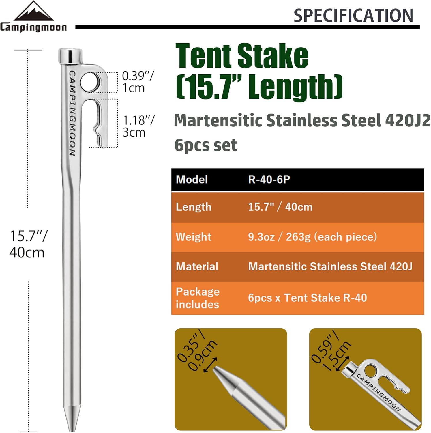 CAMPINGMOON 15.7-inch 6pcs Martensitic Stainless Steel 420J2 Hardened Forged Tent Stake Power Peg Ideal for Hard Ground R-40-6P