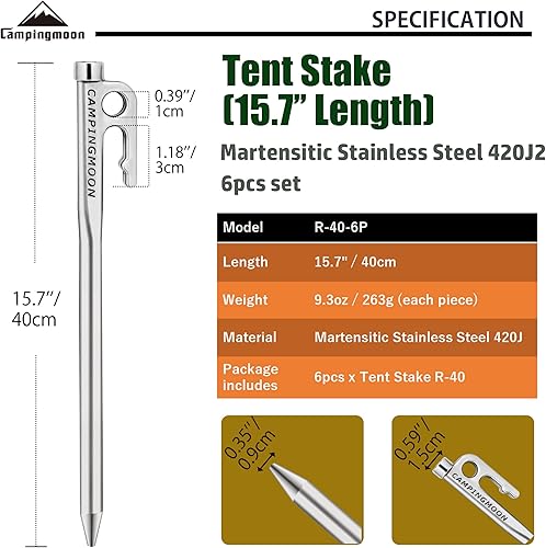Vista 9 de CAMPINGMOON 7.87 pulgadas 8 piezas de acero inoxidable martensítico 420J2 endurecido forjado estaca estaca estaca de potencia ideal para suelo duro