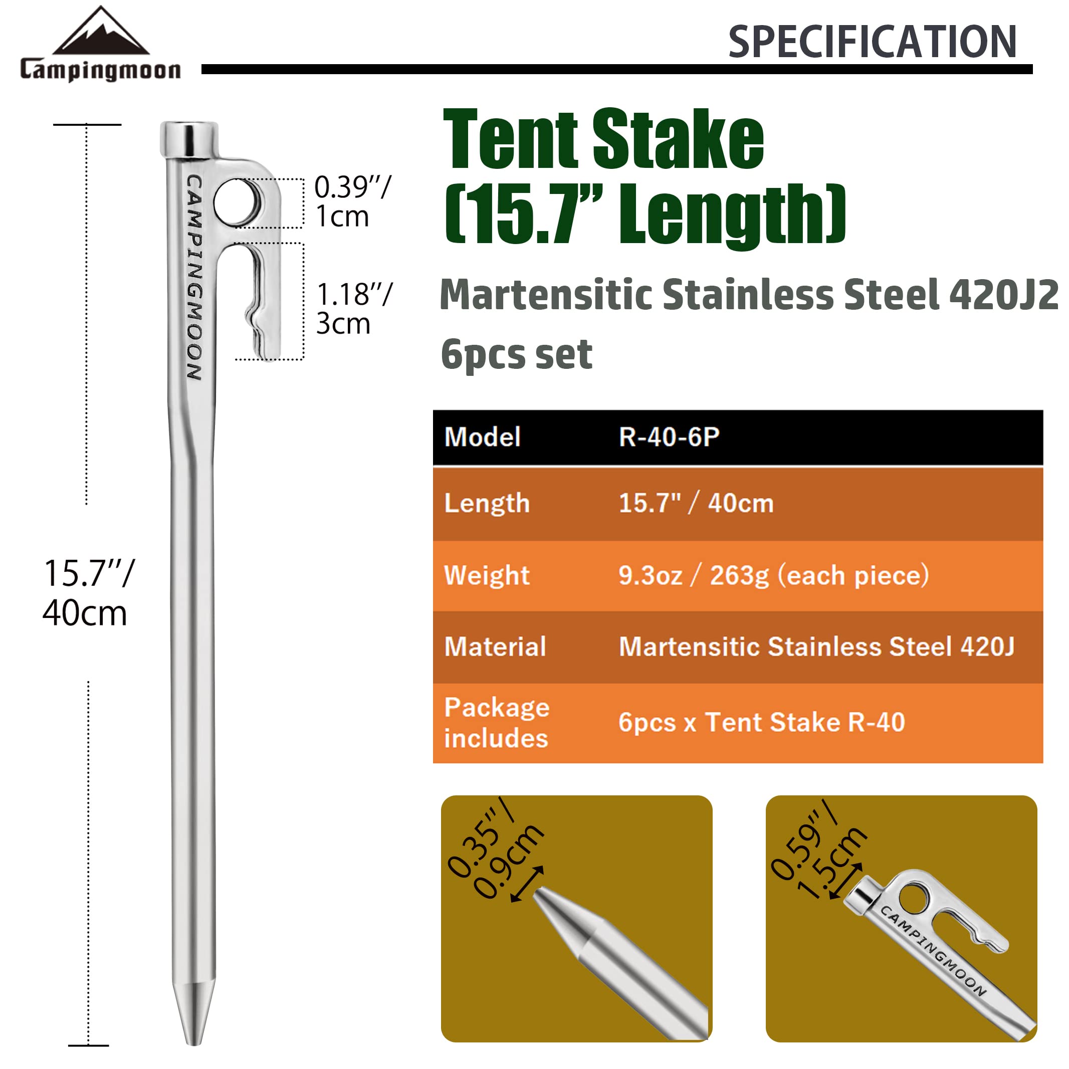 Campingmoon Lot de 6 piquets de tente en acier inoxydable martensitique 420J2 de 40 cm