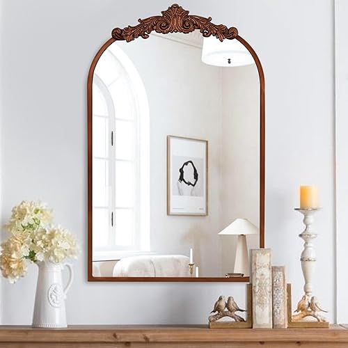 Espejo de pared de arco vintage, espejo de tocador tradicional de 19.25 x 30.75 pulgadas, espejo antiguo barroco con marco de metal para sala de