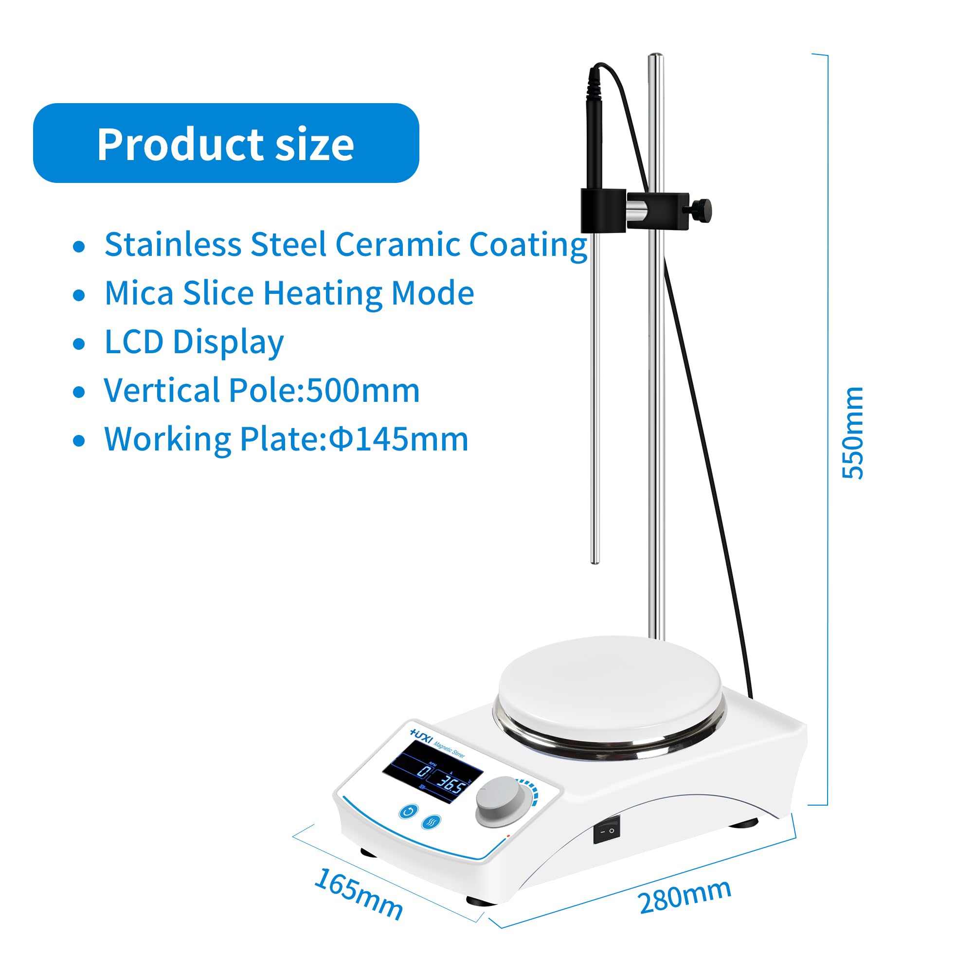 +UXI Agitador magnético con pantalla LCD RT+5 ~ 350º, rango de velocidad 100-2000 rpm, capacidad máxima de procesamiento, 20 L, rango de ajuste de tiempo 0-99h59min con 2 barras de agitación de 110 V