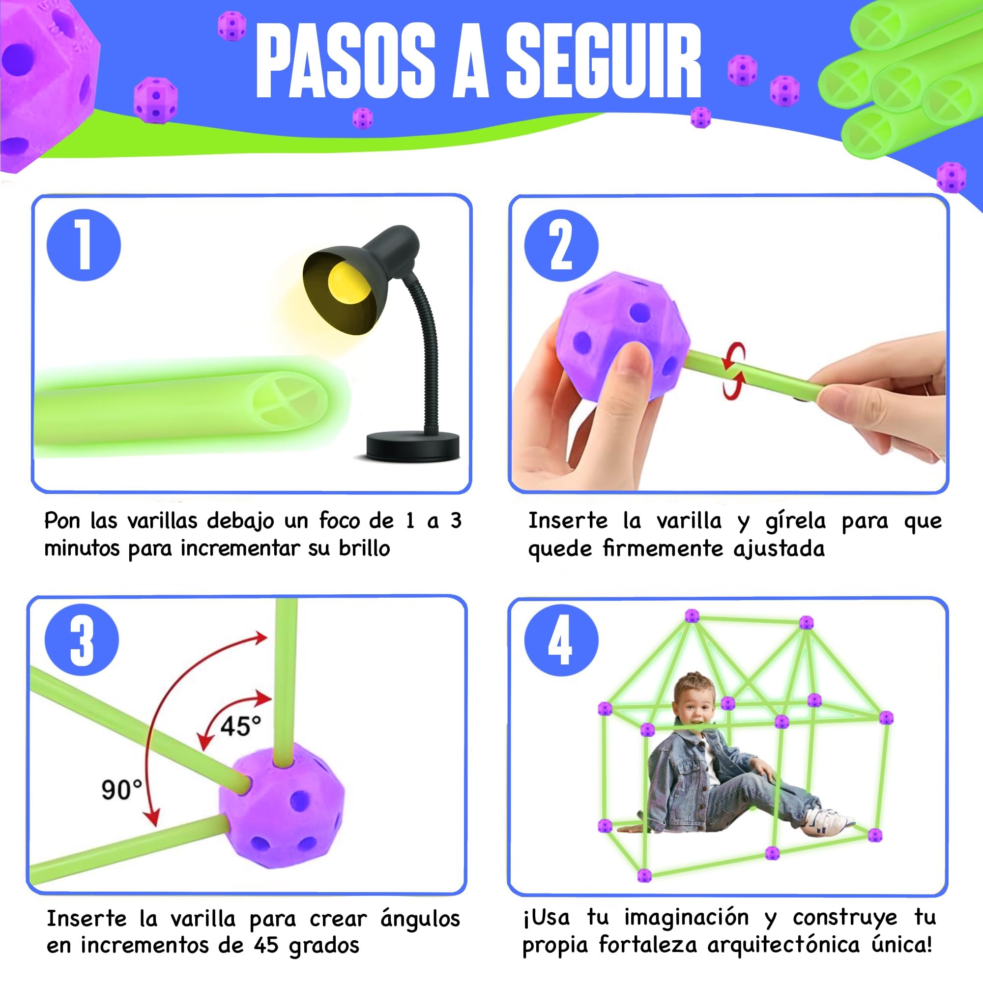 100 pezzi Kit di costruzione - Brilla al buio, forte bambini da 3 a 13 anni, castelli tunnel creativi, tenda di giochi e campagna per interni ed esterni, fortezza fai da te