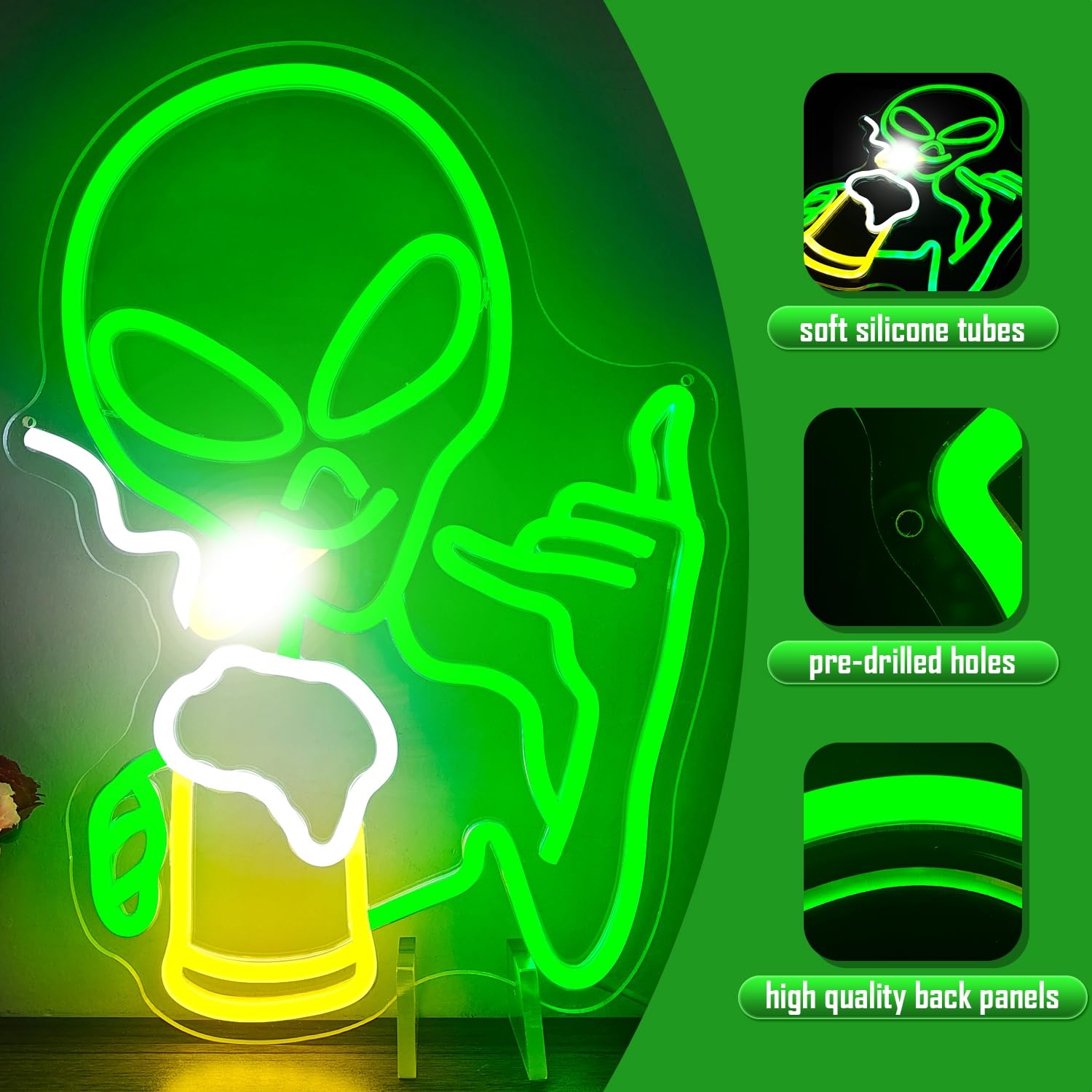 Neon LED Alien Fumeur Sur Lune – Vert – Déco Murale Gamer – Chambre Garçon – Bar Cave