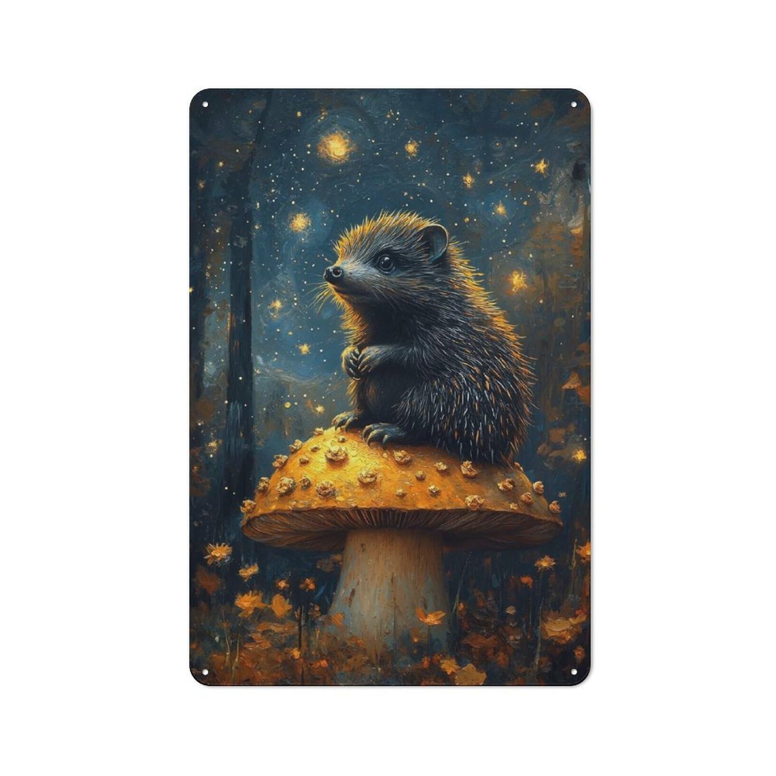 Junmoney Style-23 Workshop Style Hedgehog On Mushroom In Starry Night Tin Sign 30X20cm, Garage Wall Decor For Tool Room, Garage, Studio Or Home Bar