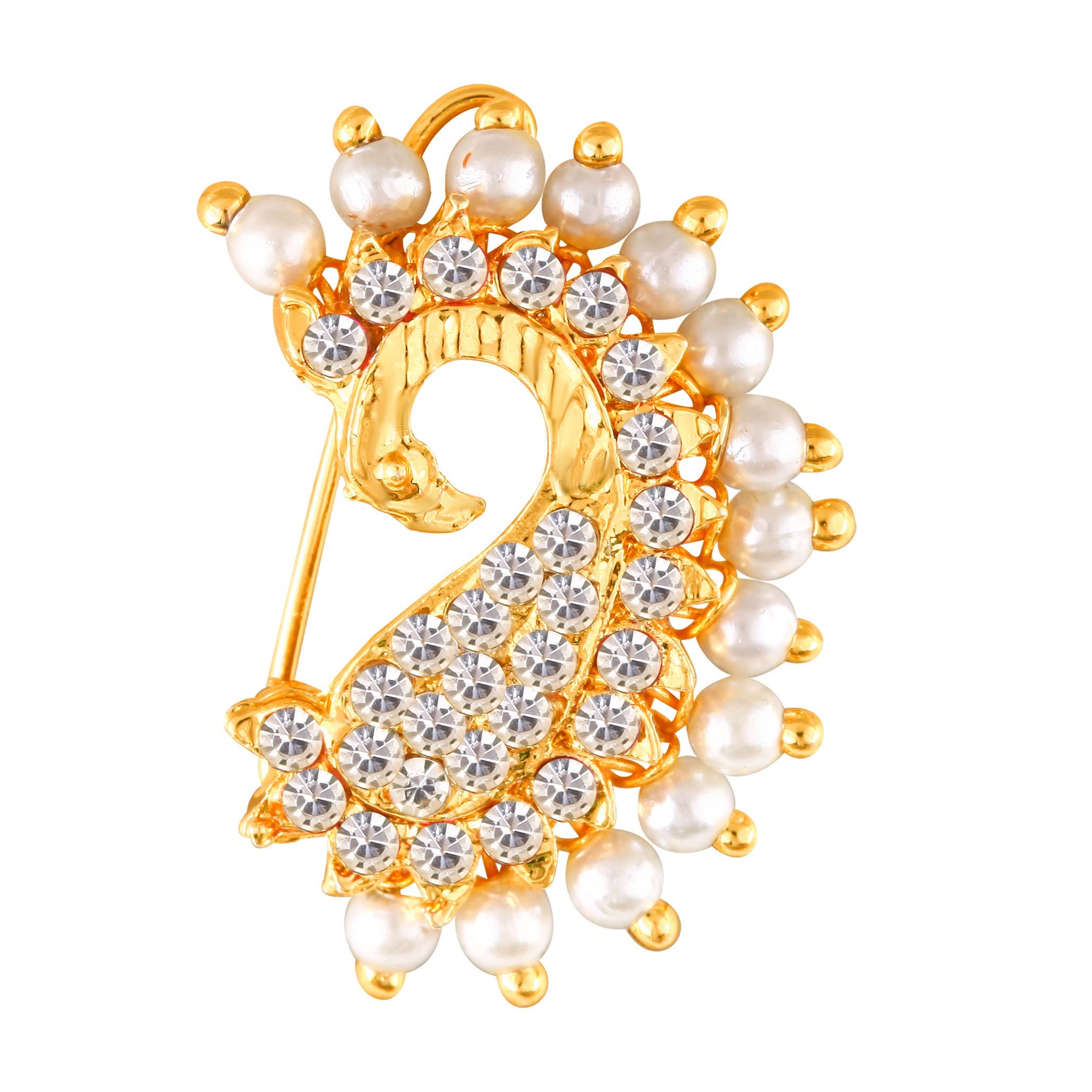 Vighnaharta Gold Plated with Pearl Alloy and CZ stone Non Piercing Maharashtrian Nath Nathiya./ Nose Pin valentine day gift valentineday gift for her gift for him gift for women gift for women [VFJ1201NTH-Press-White]-image-38