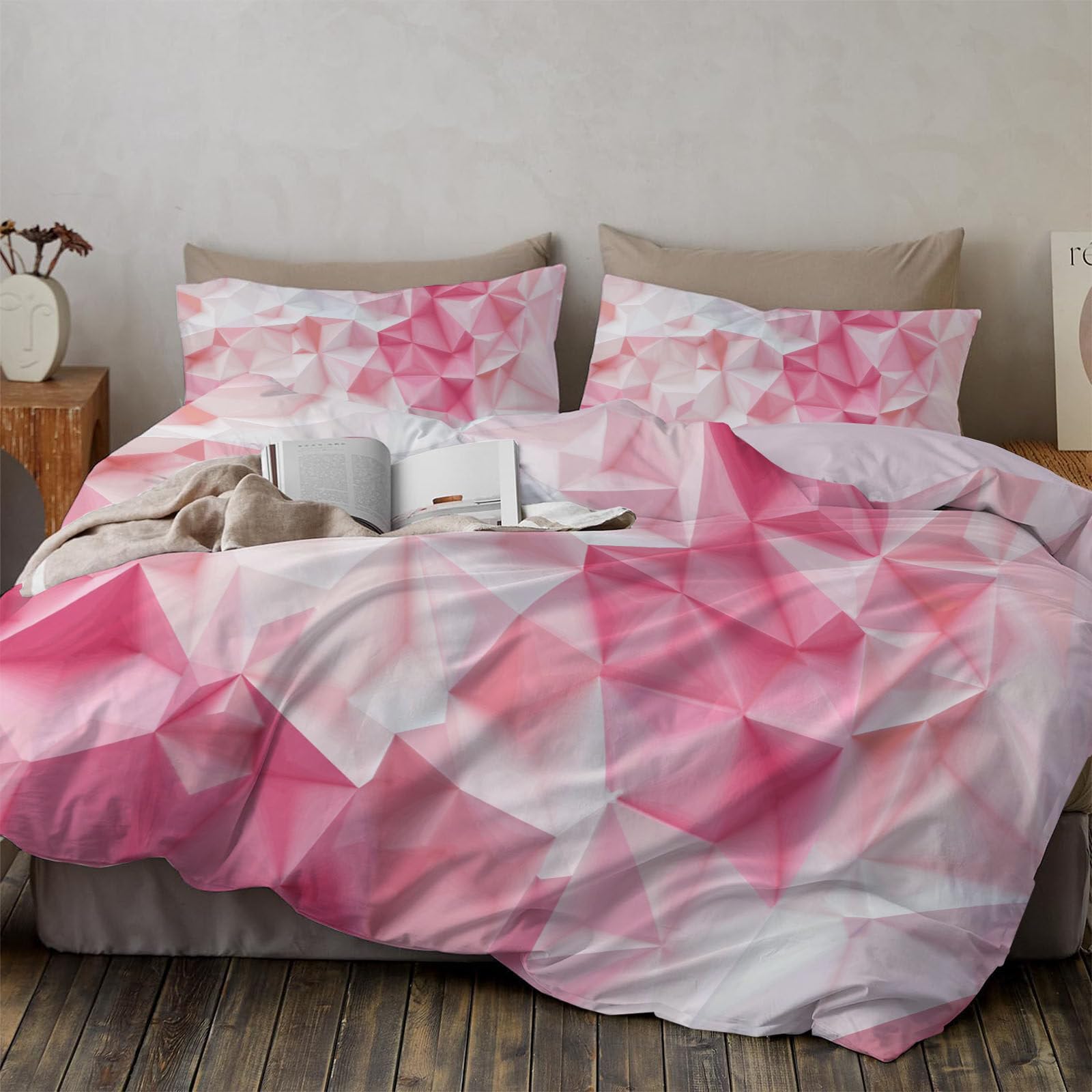 Housse de couette 140x200 cm géométrie blanc rosé pour lit enfant