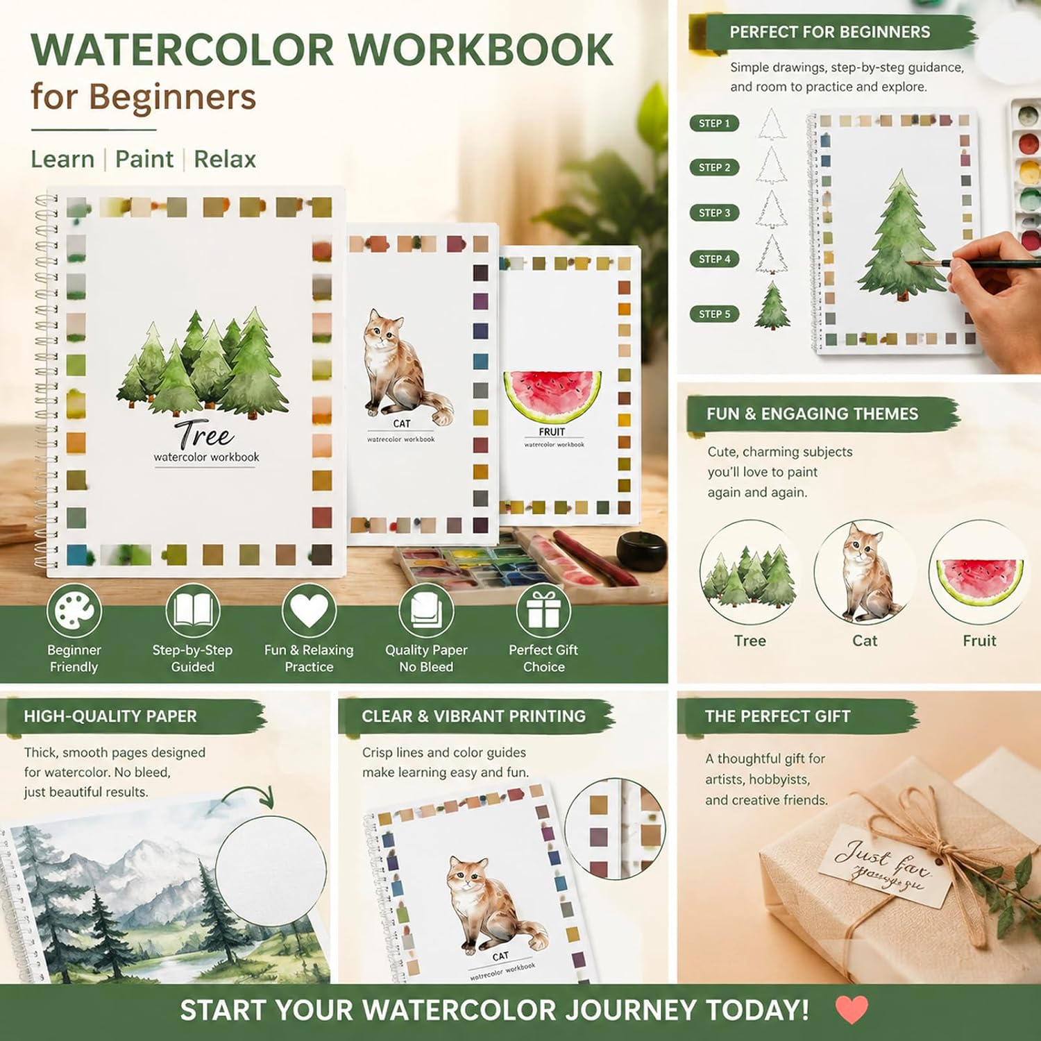 Watercolor Workbooks,16 Spiral-Bound Pages Dispersed Watercolor Workbook for Beginners Adults, Arts and Crafts Supplies Gift (Fruit Without Palette)