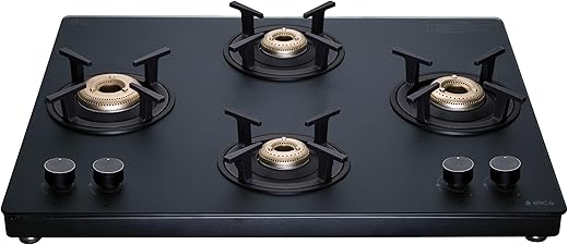 Elica 70cm 4 Burner Gas Stove | MATT TKN 694 CT VETRO BK | Matt Finish Tougened Glass | Heavy-Duty Forged Brass Burners | Round Metallic Knobs | 10…