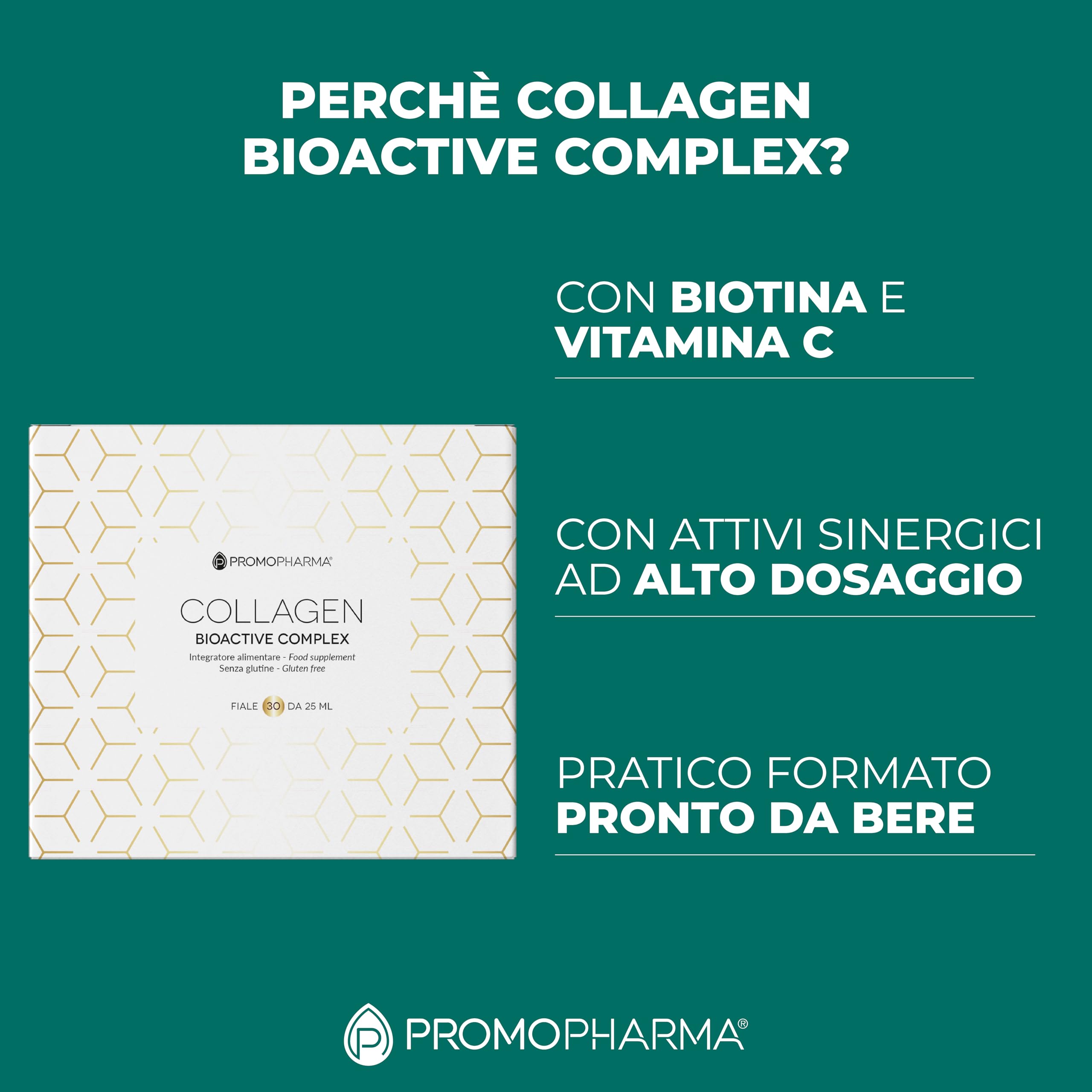 Collagen Bioactive Complex – Peptidi di Collagene Idrolizzato ad Alta Biodisponibilità con Vitamina C – Contribuisce a mantenere la pelle elastica – 30 fiale da 25 ml