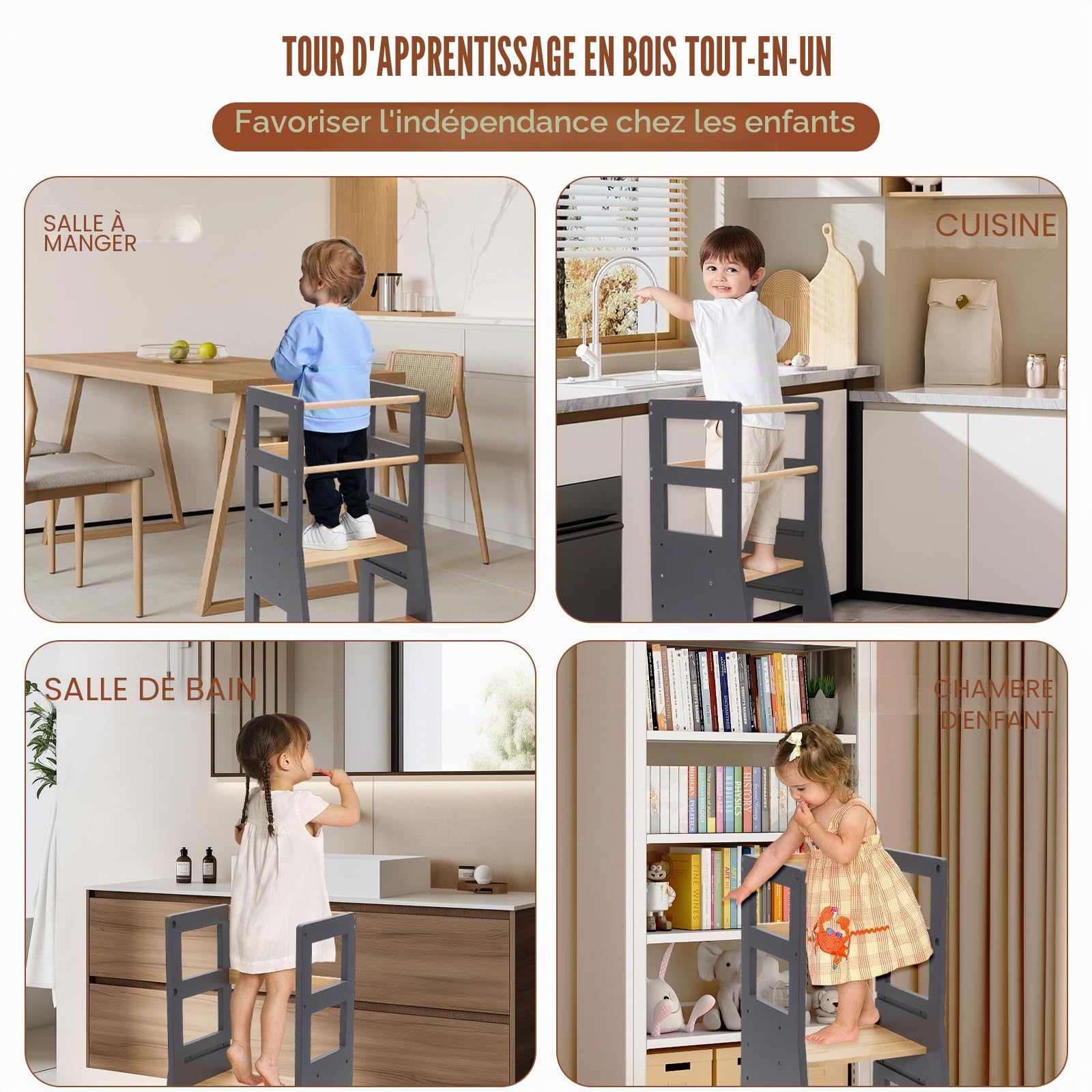 Tour d'Observation Montessori, en Bois Massif avec Garde-Corps de Sécurité, Dispositif Anti-Basculement, Tour d'Observation Enfant Evolutive, Tour d'Observation Bois Convient pour Une Chambre Enfant
