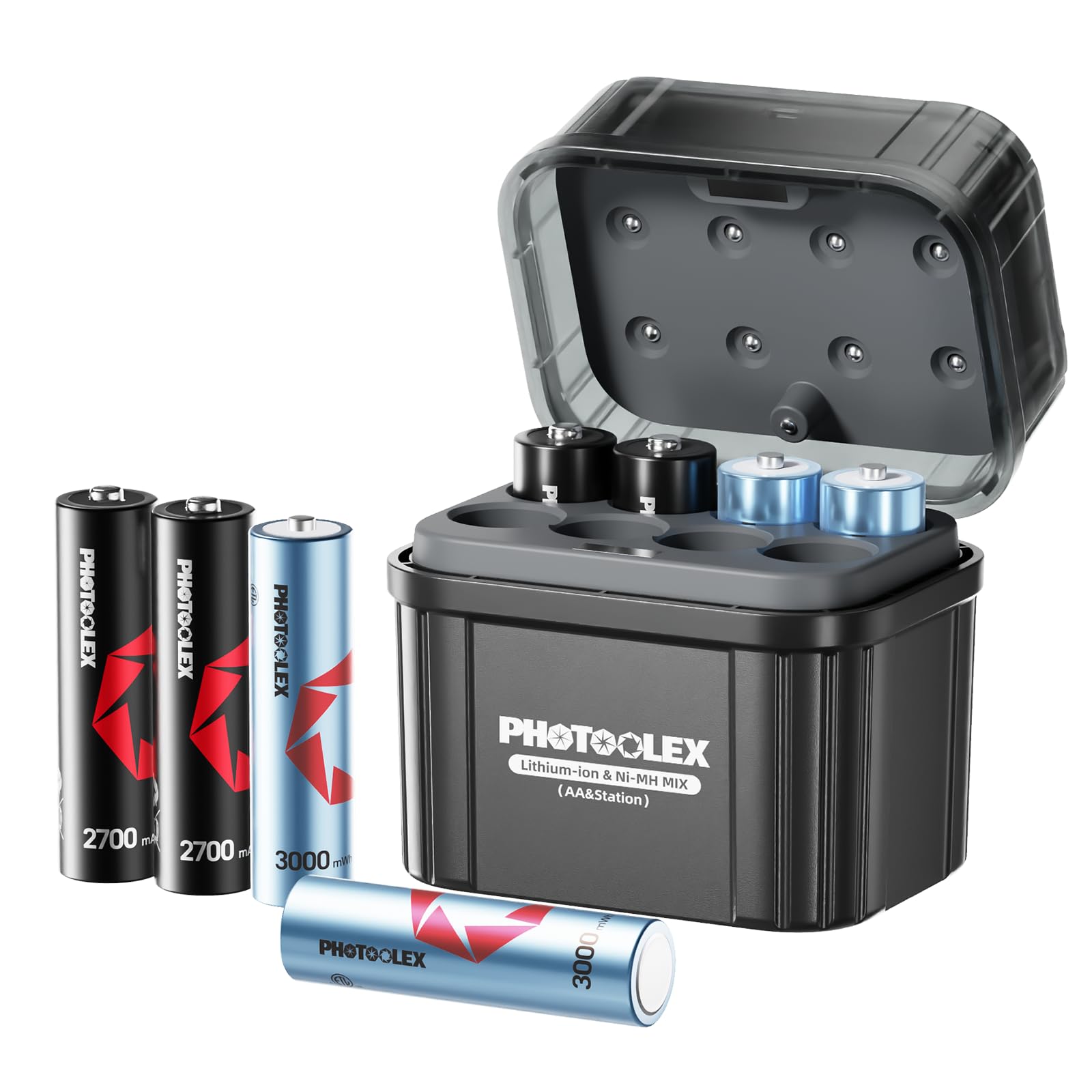 Akumulatory AA z ładowarką hybrydową, 3000 mWh litowe 1,5 V baterie AA 4 sztuki i 2700 mAh NiMH 1,2 V AA 4 sztuki, zintegrowane pudełko do przechowywania akumulatorów NiMH aA i litu Aa