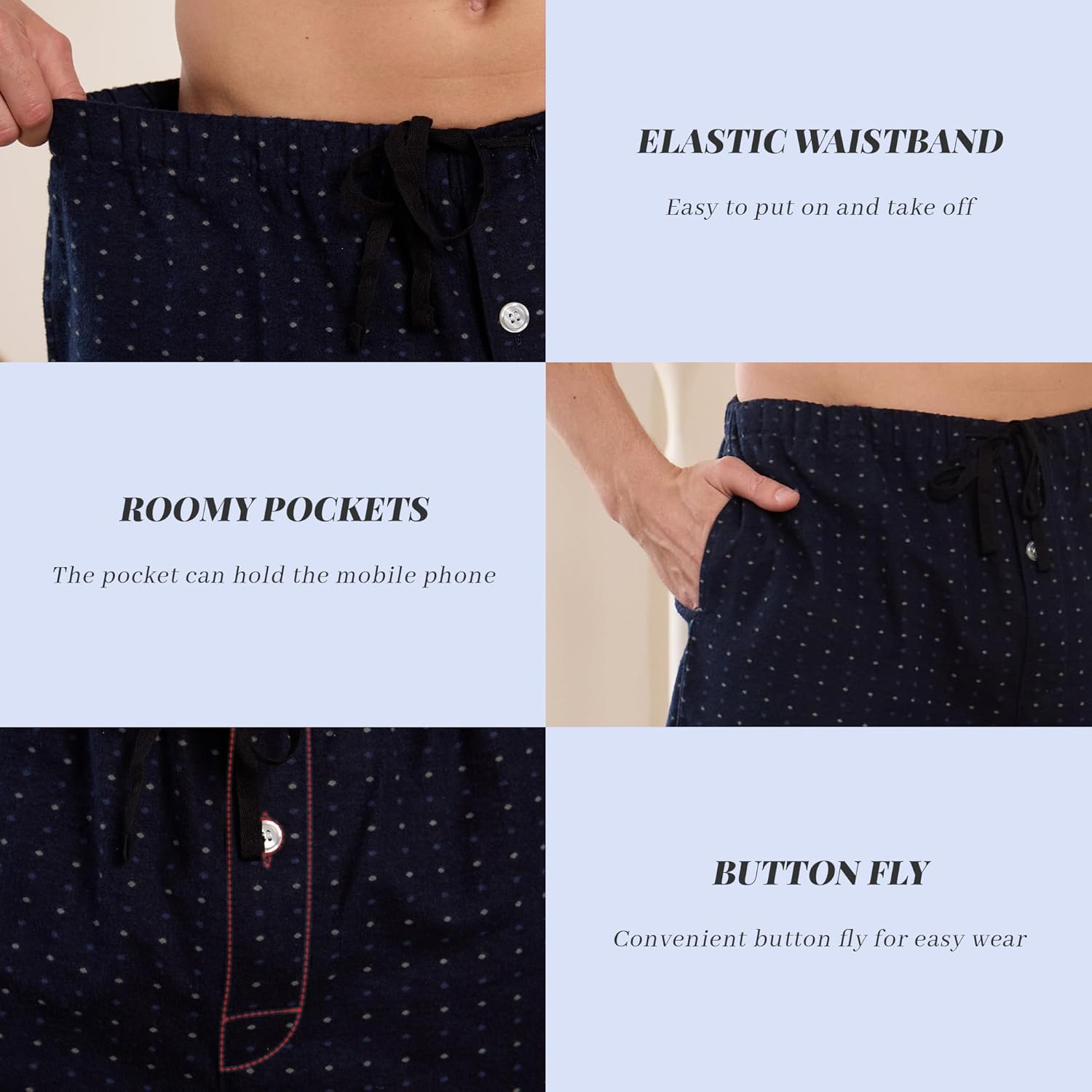 Vulcanodon Mens 100% Cotton Pajama Pants Fleece Plaid Bottoms with Pockets and Button Fly - Image 3