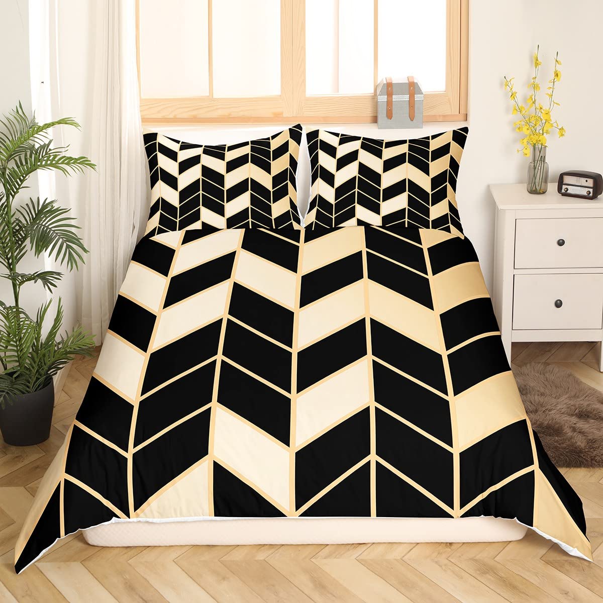 Geometric Comforter Cover for Girls Boys Kids Modern Abstract Art Bedding Set Room Decorative Stripe Line Duvet Cover Luxury Golden Black Bedspread Cover Super King Size 3Pcs Bedclothes — image 1