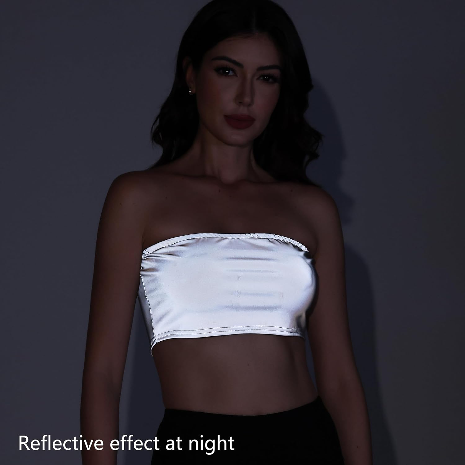 LZLRUN Women's Reflective Crop Top Holographic Strapless Tube Bra Tank Tops for Raves, Festivals, Costumes Dancing
