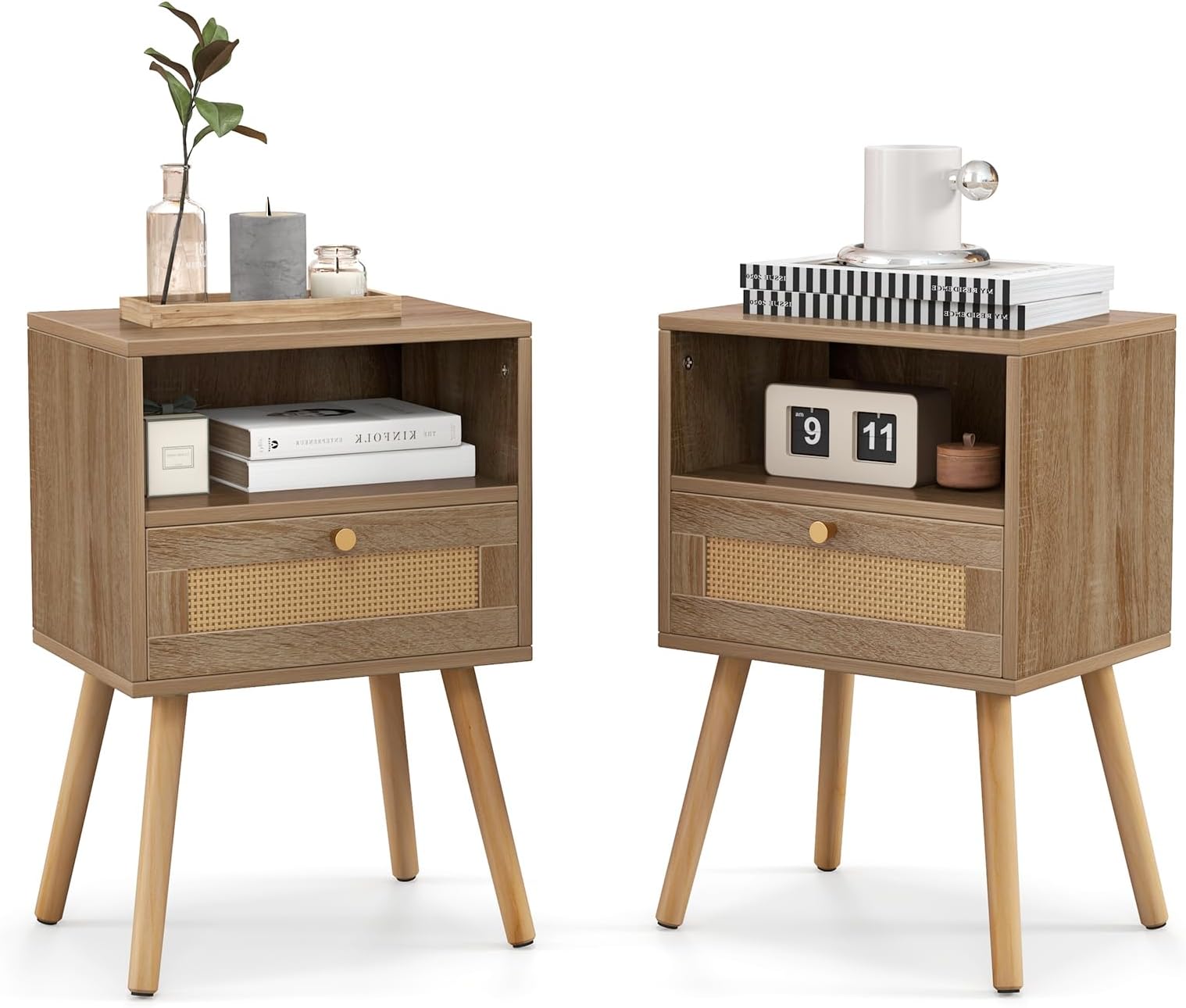 Warmiehomy Bedside Table Set of 2, Rattan 2 Drawers Bedside