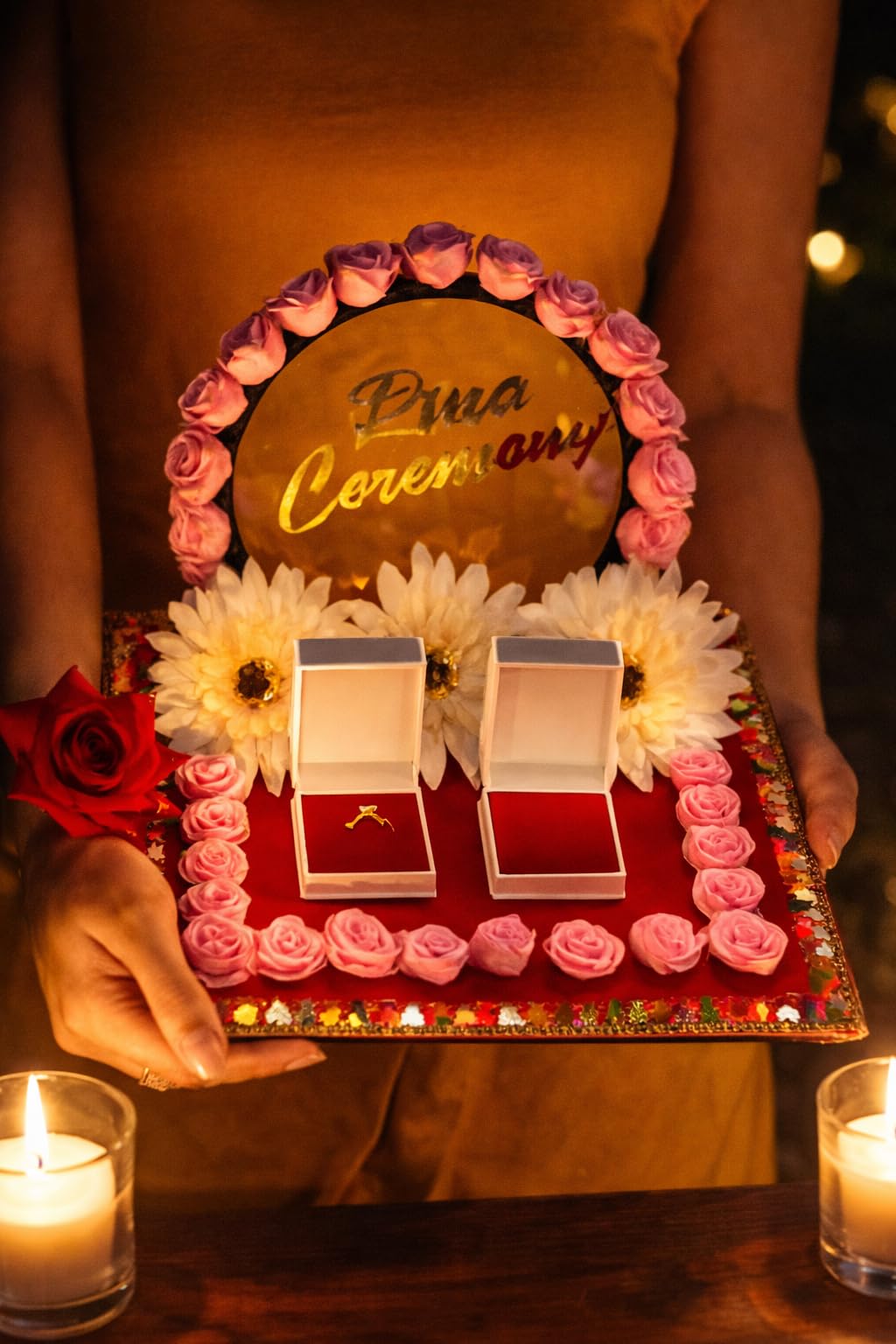 BESTMOON Elegant Ring Ceremony Tray with Artificial Flowers | Engagement Ring Platter with Dual Ring Boxes | Floral Wedding Ring Thali for Indian, Wedding Engagement Theme 3