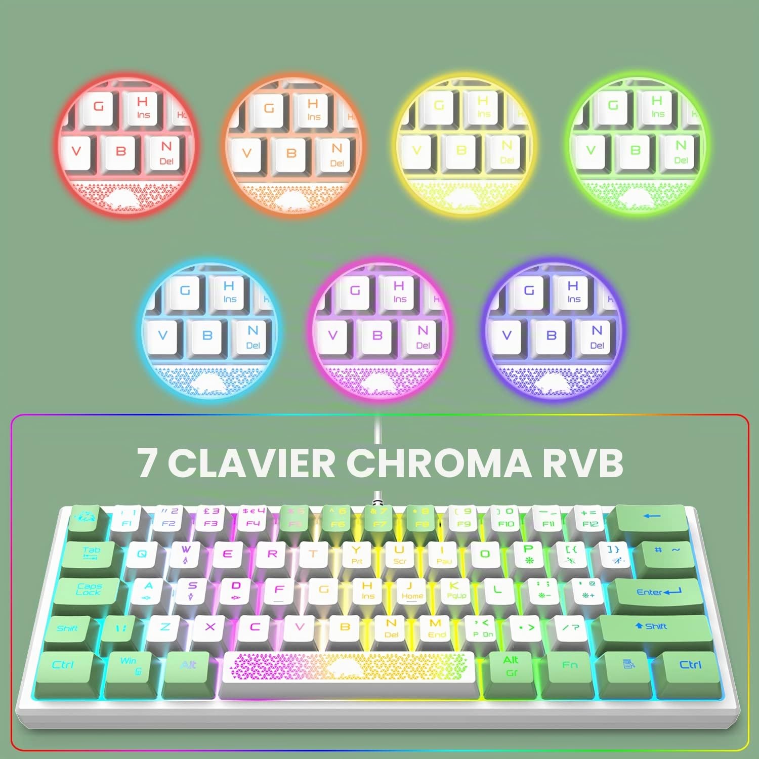 K61 RGB Gaming Keyboard Mouse Set, Clavier de Jeu à Membrane mécanique, jusqu'à 3600 dpi, Souris de Jeu Optique à 7 Boutons, pour PC, Ordinateur Portable, Mac, Bureau et Jeux - Blanc