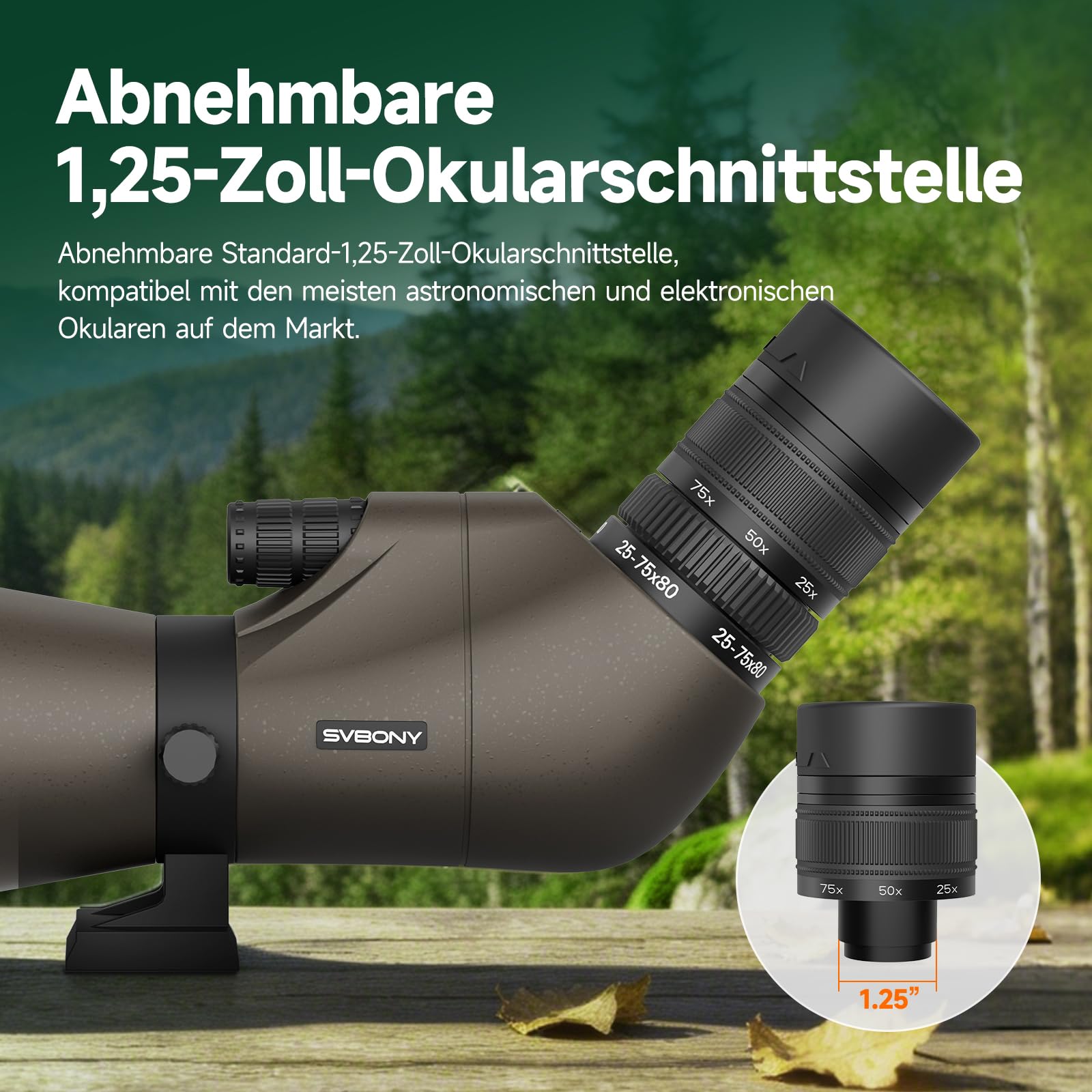 Svbony SV29 25-75x80mm Cannocchiale con attacco a coda di rondine e Treppiede, ampio campo visivo, prisma di Porro FMC, con adattatore per smartphone per tiro al bersaglio, birdwatching e osservazione