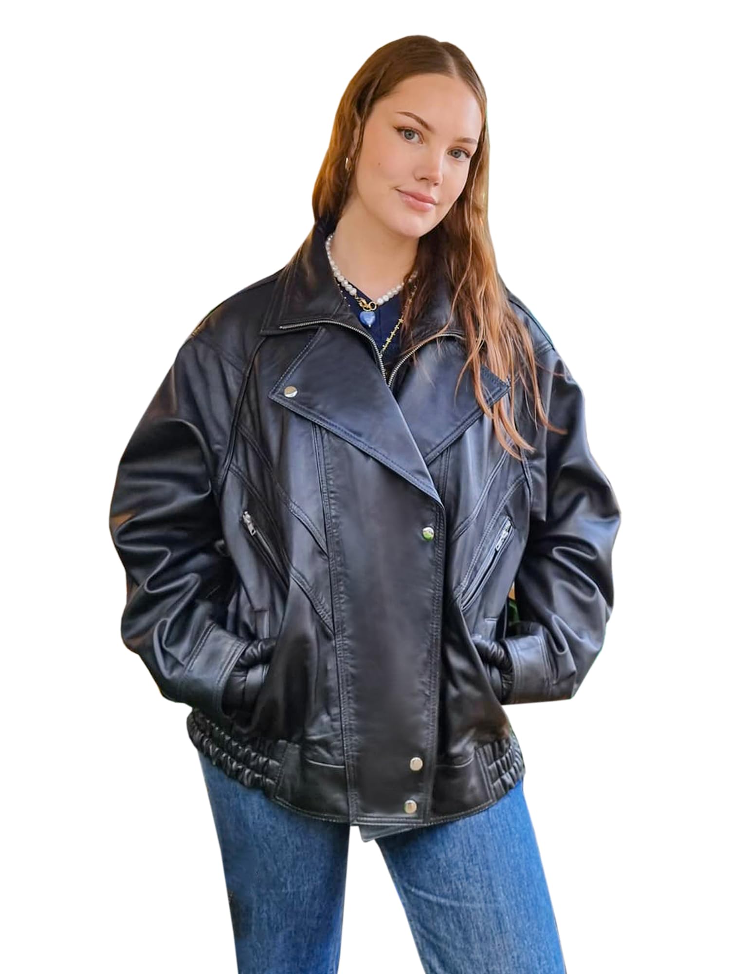 Veste en cuir de motard à col avec étiquette et coupe oversize style décontracté
