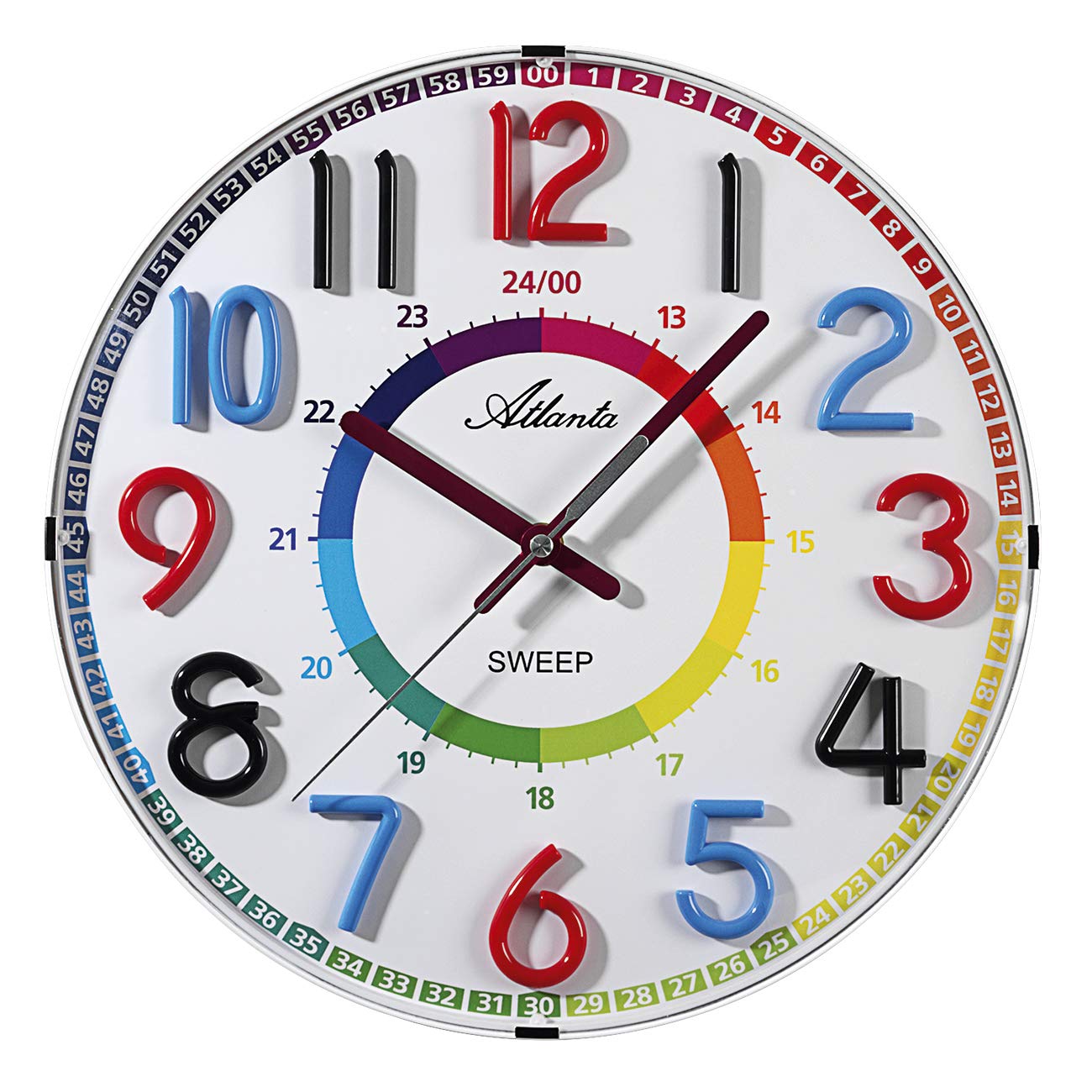 Atlanta Wanduhr für Kinder ohne Ticken Bunte Zahlen Lernuhr - 4480/0