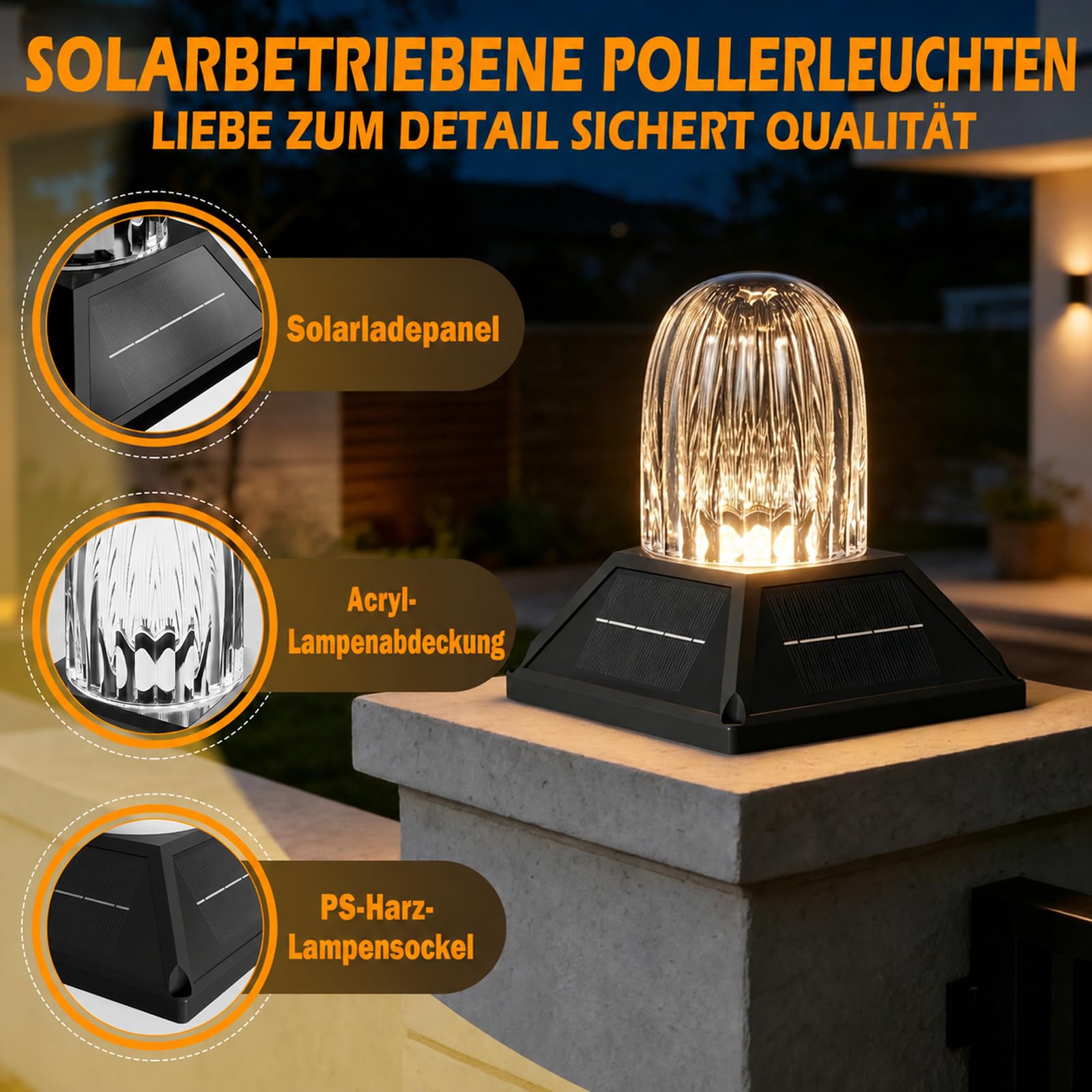 Sockelleuchte Außen, Solar Wegeleuchte für Garten mit Fernbedienung, Pollerleuchte für Terrasse, Patio, Gartenwege, 3000K/4000K/6000K ＆ 2 Helligkeitsstufen, 2400mAh, Schwarz