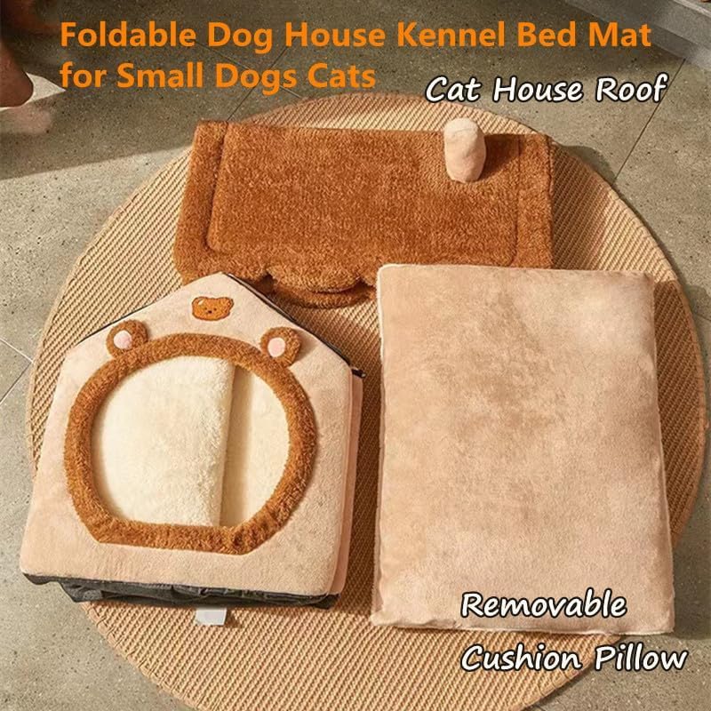 سرير للقطط مع بساط تبريد من يلا جوي، كهف مخملي ناعم للقطط والكلاب الصغيرة، خيمة دافئة ناعمة مع بساط قابل للغسل، تصميم مموج رائع (مقاسات M، بني)