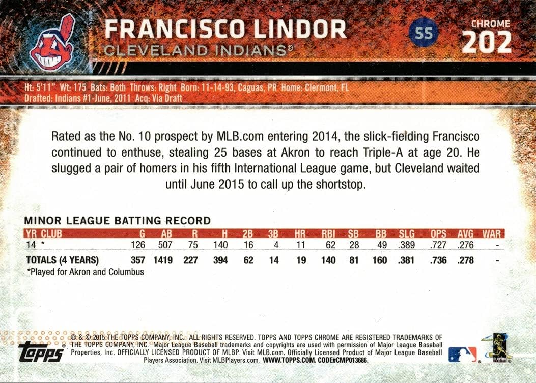 2015 Topps Chrome Baseball #202 Francisco Lindor Rookie Card SP - Short Print