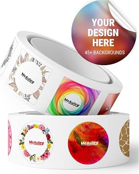 McAuley Labels Custom Stickers for Business Logo, 100-5000 Pcs - Waterproof Customized Labels Sticker - 100+ Roll - Multi Shapes, Sizes, Backgrounds, and Text Options - Round and Square Shape