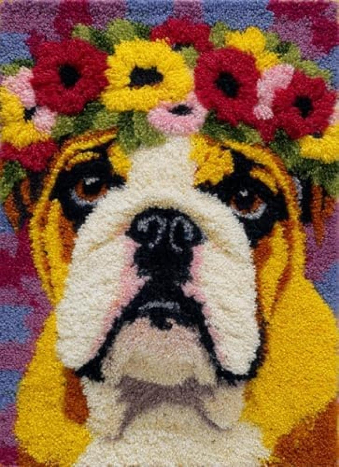 XDEGHUANGSS Latch Hook Rug Kit English Bulldog Dog Puppy Wear Flower Wreath with Pre-Printed Mat Cover DIY Cushion Crochet Yarn Hooking Craft Set for Floor Decor 38x52cm-4